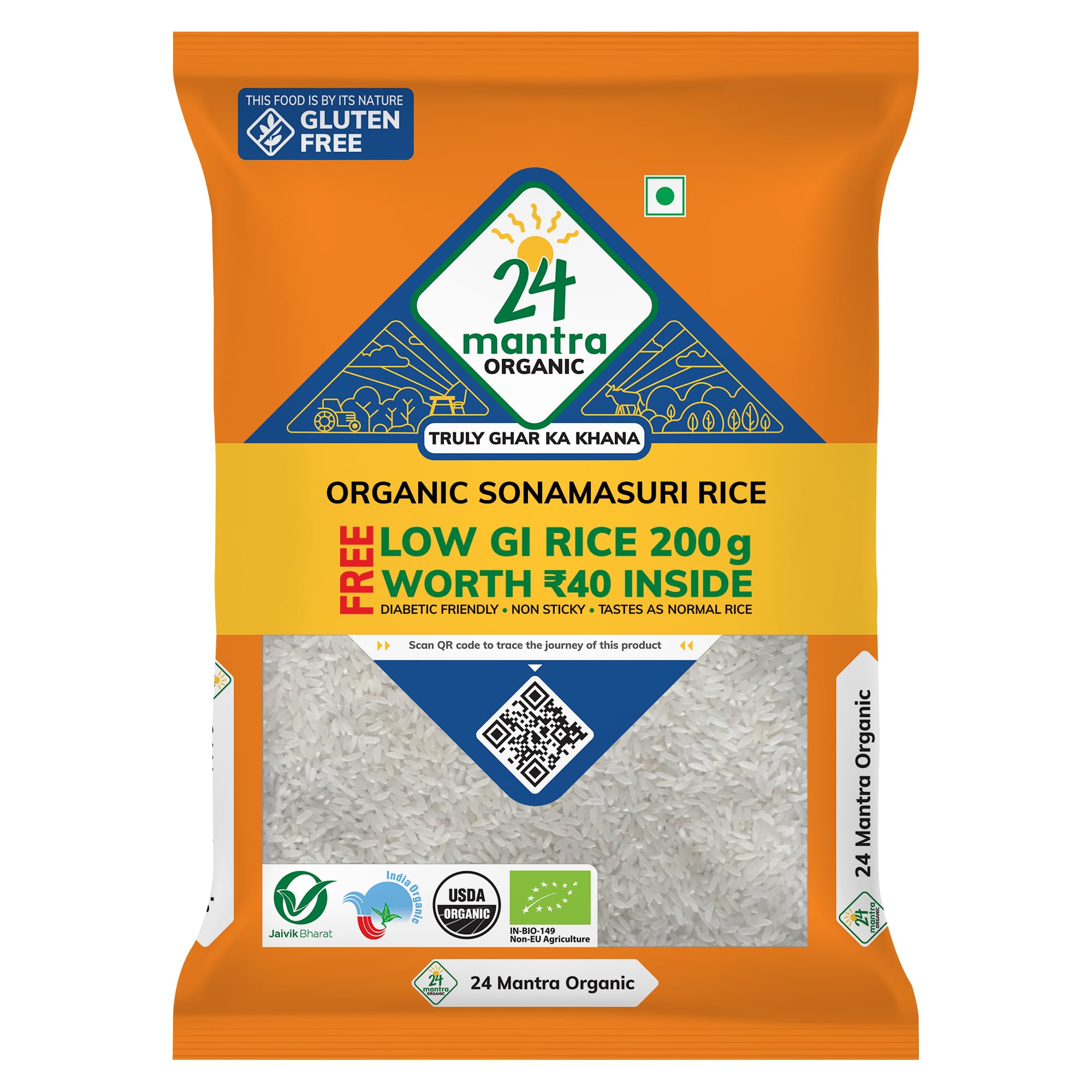 24 Mantra Organic Sonamasuri Raw Polished Promo 5kg Pack with FREE Low GI 200gm