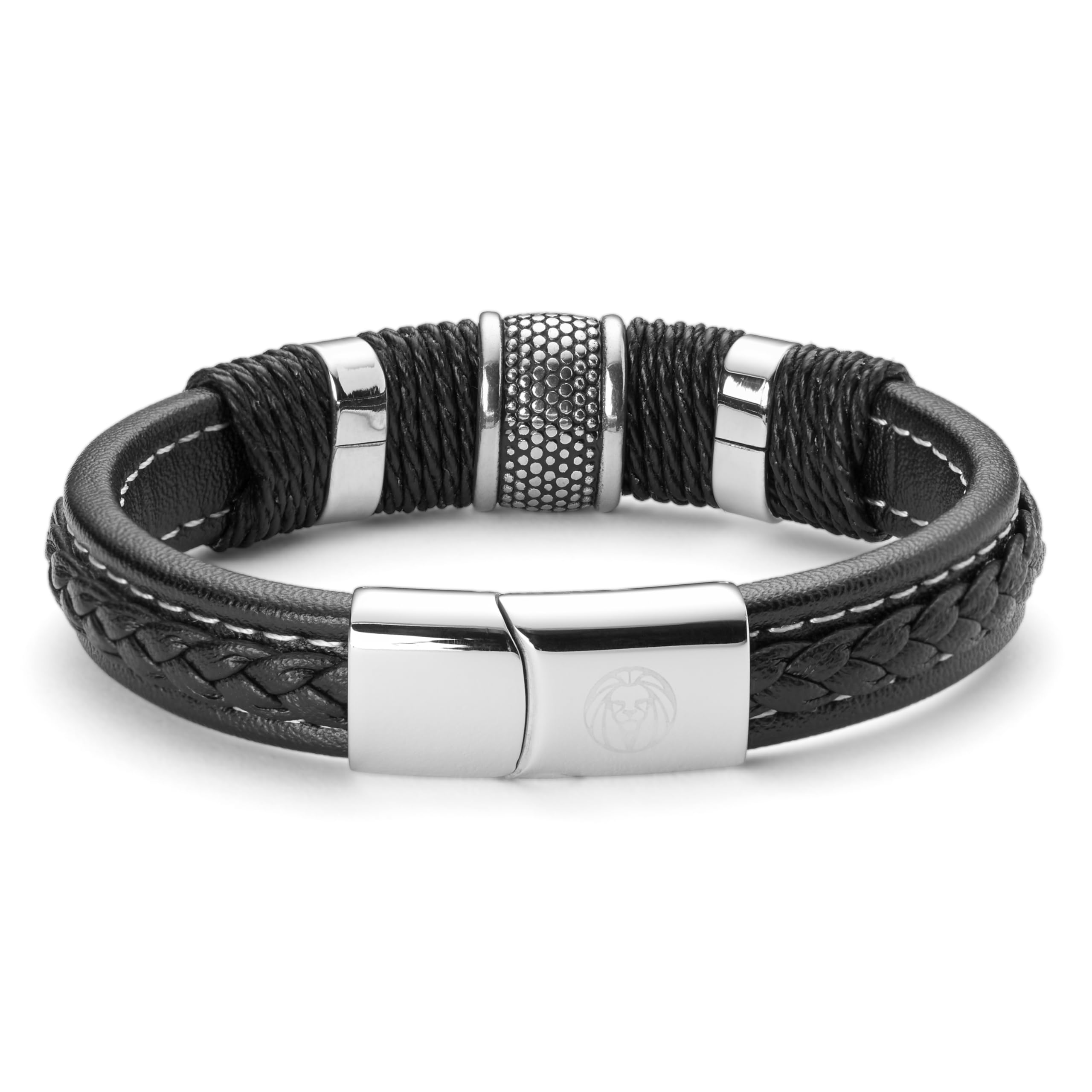 Lucleon by Trendhim Armband Herren | Schwarzes Icon Lederarmband mit silberfarbenem Edelstahlverschluss | Geflochtenes Echtleder | Dänisches Design | Geschenkidee für Männer & Vatertag