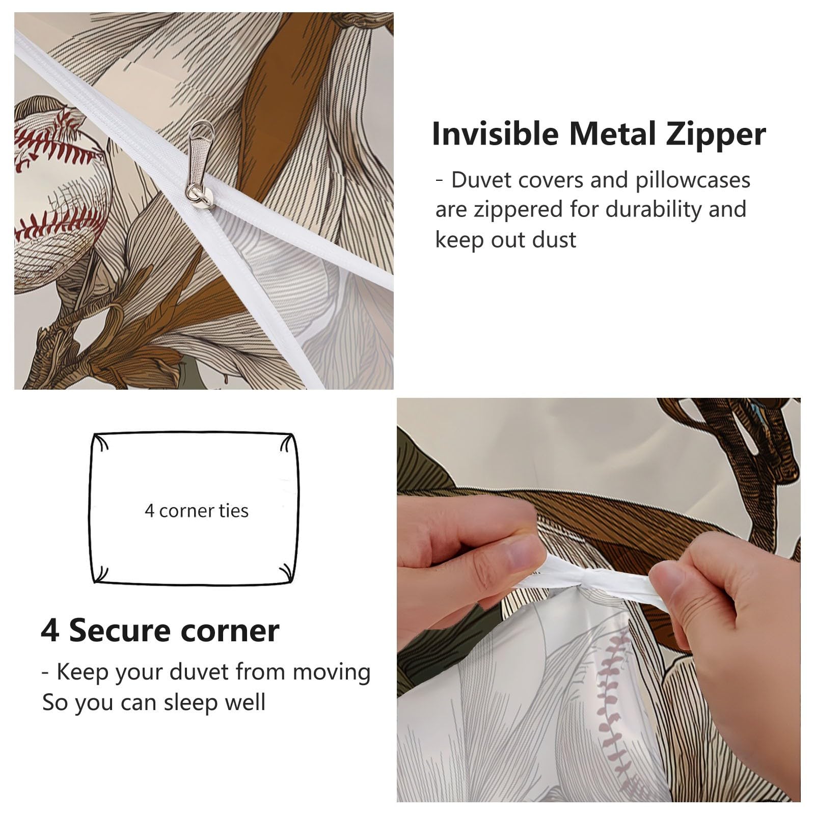 Poszwa na kołdrę 230 x 220 cm Retro Liście Baseball Kij, 3-częściowy dwustronny zestaw pościeli + 2 poszewki na poduszki, poszwa na kołdrę z zamkiem błyskawicznym, brązowy beżowy