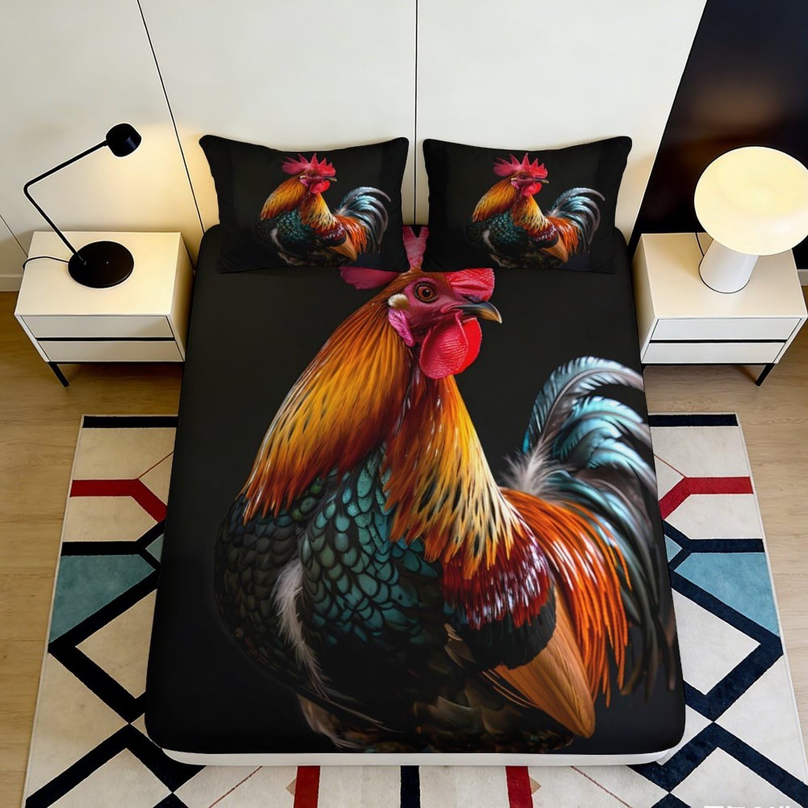 3D Printed Rooster Art Fitted Sheet Microfiber Soft Colorful Chicken Mattress Cover for Bedroom Guest Room Decor 120x200x25cm