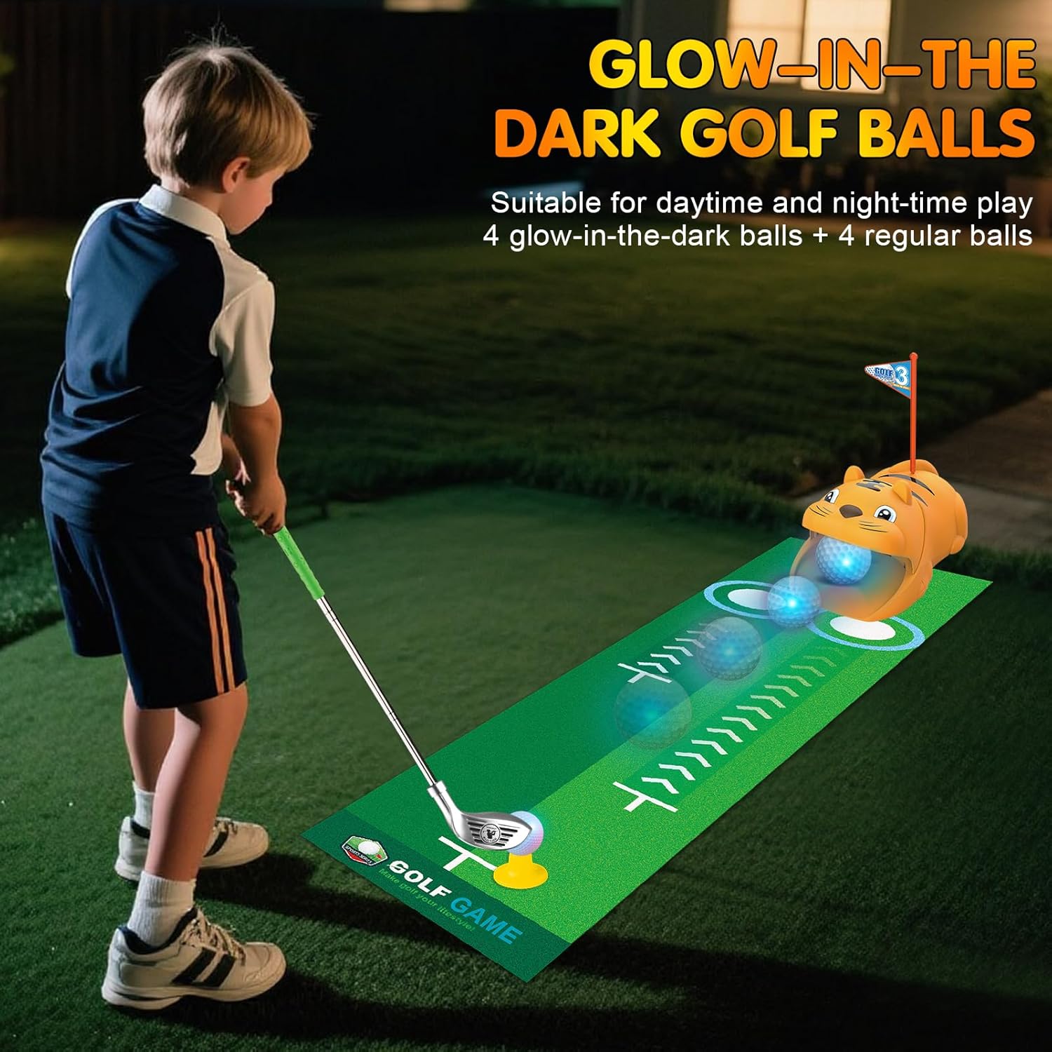 Upgraded Kids Toy Golf Set with Tiger Automatic Returner, Led Light Up Night Golf Balls, 3 Adjustable Golf Club, Putting Mat for 3 4 5 6 7 8 Years Old Boys Girls (Orange) - Image 5