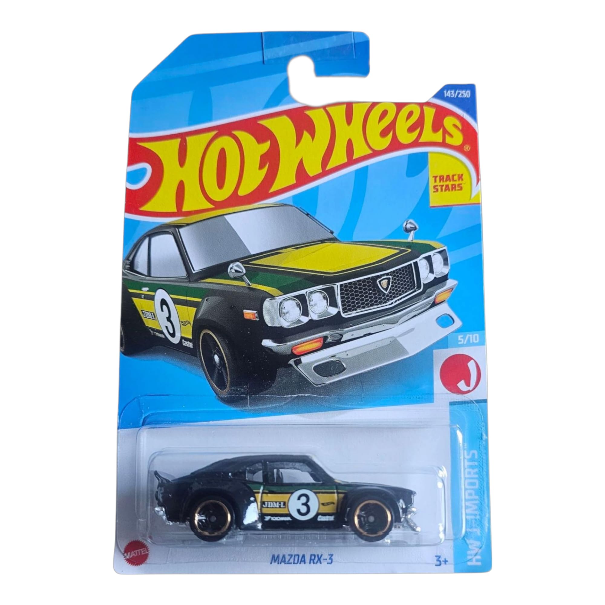 Hot Wheels Mazda RX-3 Die-Cast Car, Track Stars Collection, Black and Yellow, 1:64 Scale