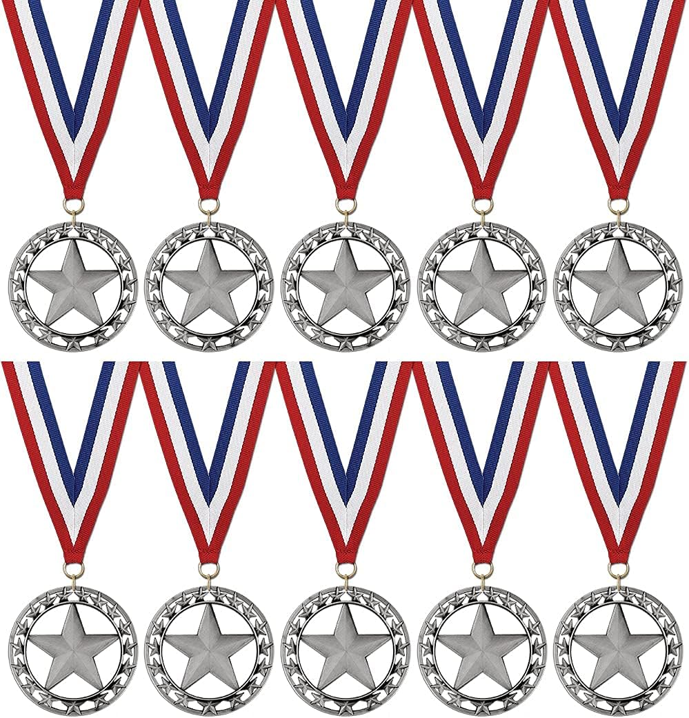 Hodges Badge Company RS Star Gold, Silver, and Bronze Medals with Red White and Blue Neck Ribbon- Made of Metal- Sold in Sets of 10 of Either Gold, Silver, or Bronze