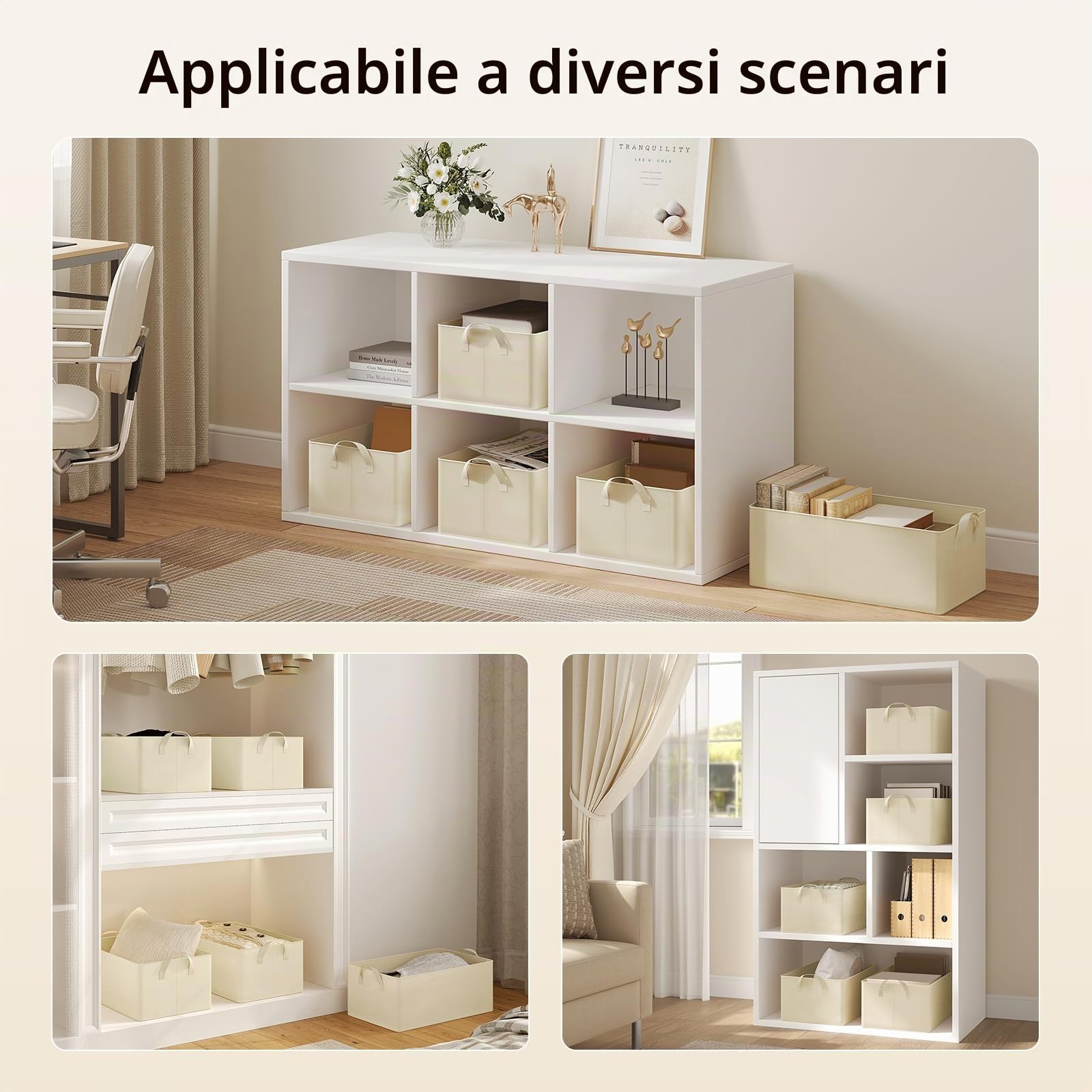 WOLTU Set di 10 Scatole Portaoggetti Pieghevoli, Contenitori in Tessuto con Manici, per Vestiti e Giocattoli, Crema, 47x28x20cm