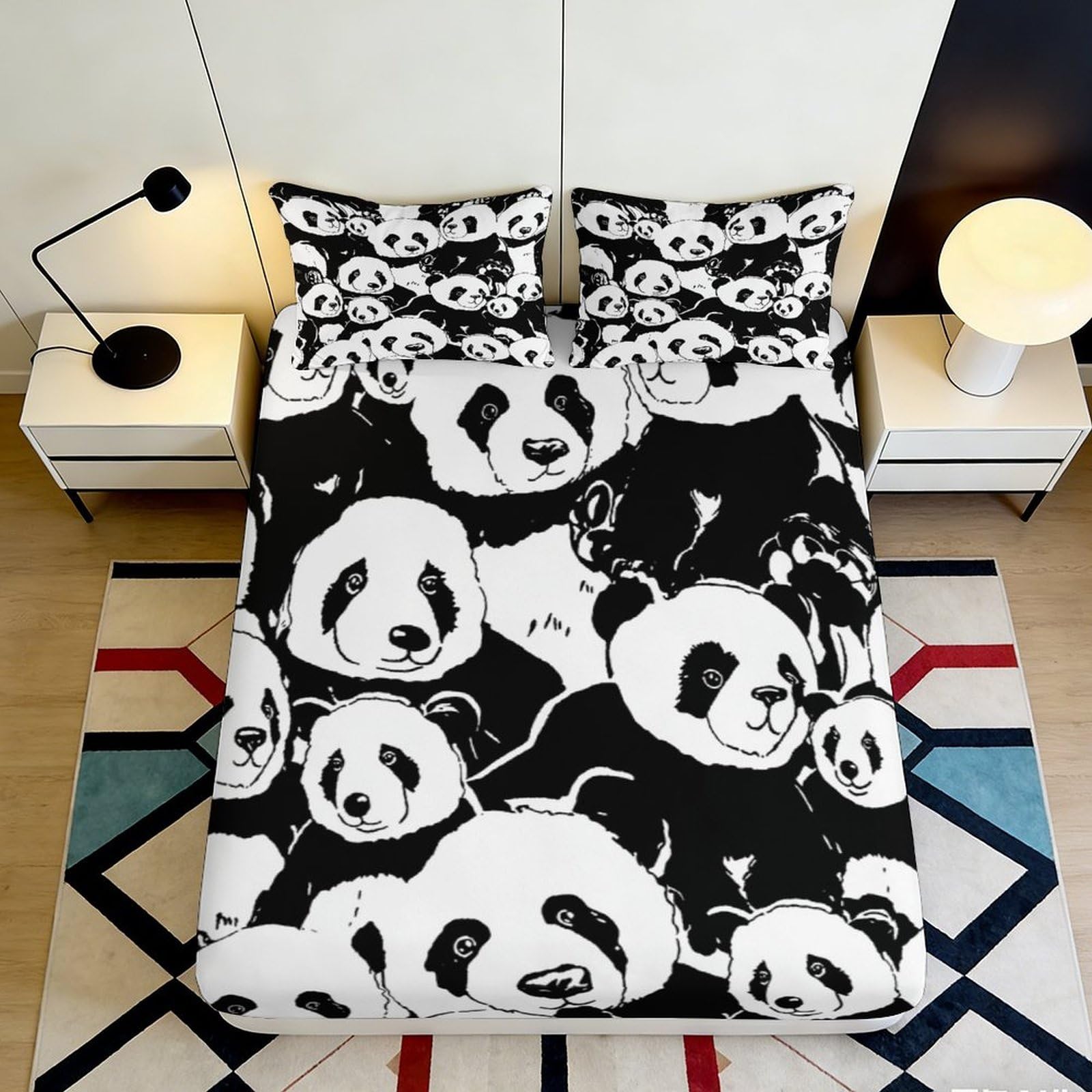 Jqzkxnhpbr Style-4 3D Printed Panda Cartoon Fitted Sheet Microfiber Soft Black White Animal Mattress Cover Bedroom Dorm Decor 90X200x25cm