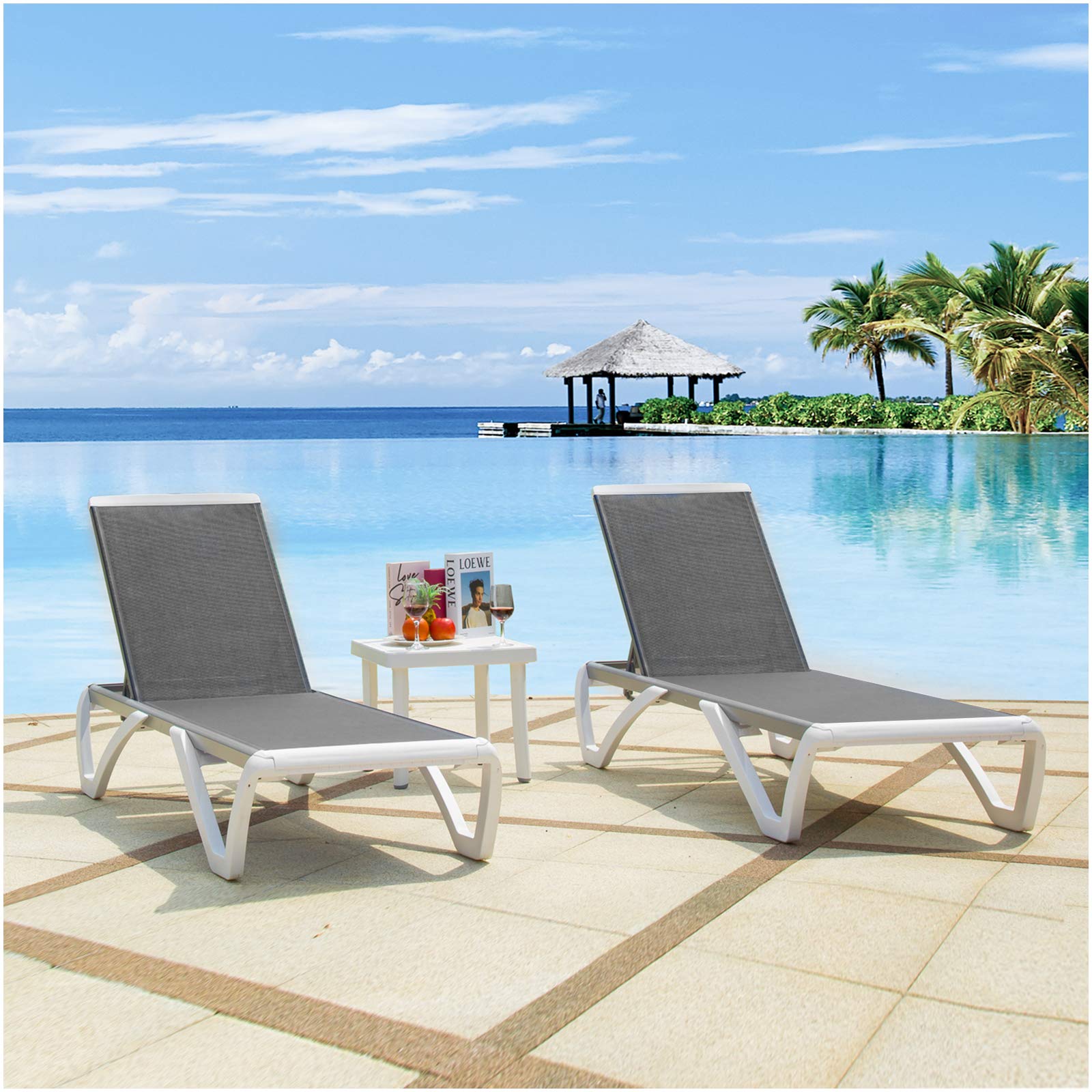 3 Pieces Patio Chaise Lounge Chairs Set Adjustable Aluminum Outdoor
