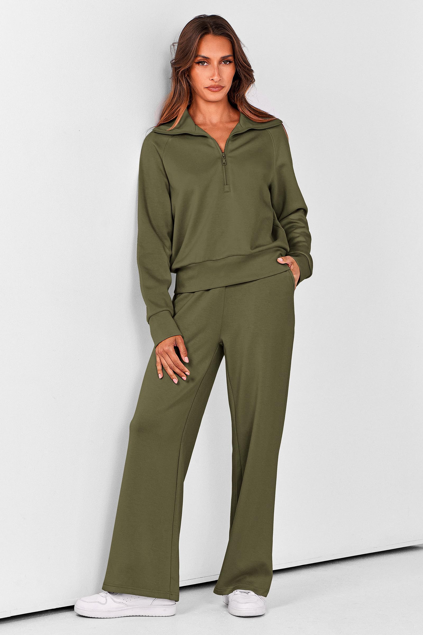 PRETTYGARDEN Women's 2 Piece Outfits Casual Lapel Half Zip Sweatshirts and Wide Leg Pants Tracksuit Sets — view 2