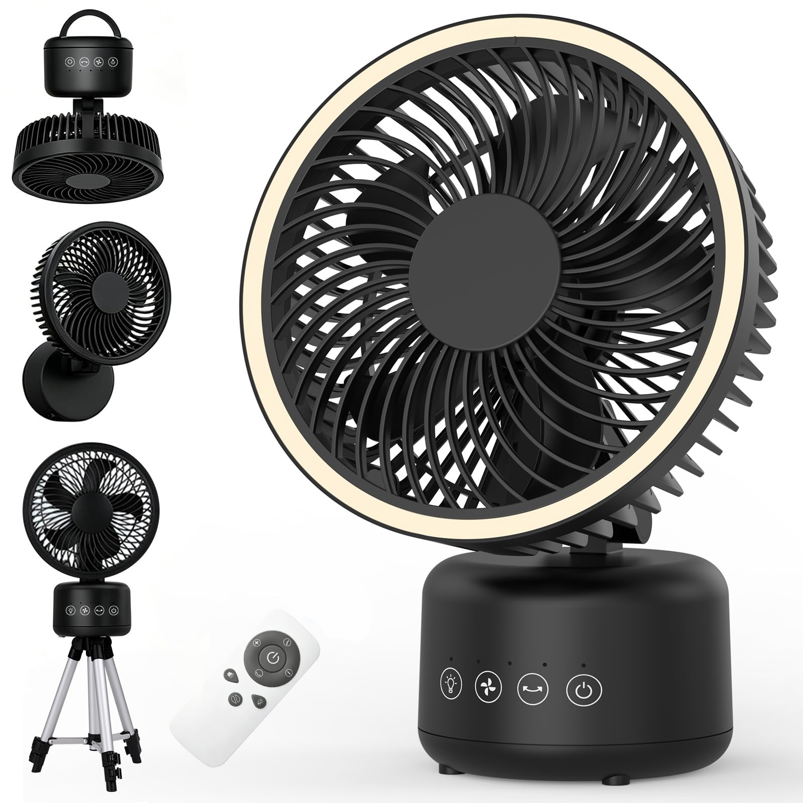 Camping Fan – Portable Rechargeable Fan with Auto Oscillation, Type-C Charging, LED, 4 Speeds, Remote & Timer Freestanding, Wall Mount, Hanging, Tripod Stand for Indoor, Outdoor, Tent, Travel, Jobsite, BLACK, 12 INCH