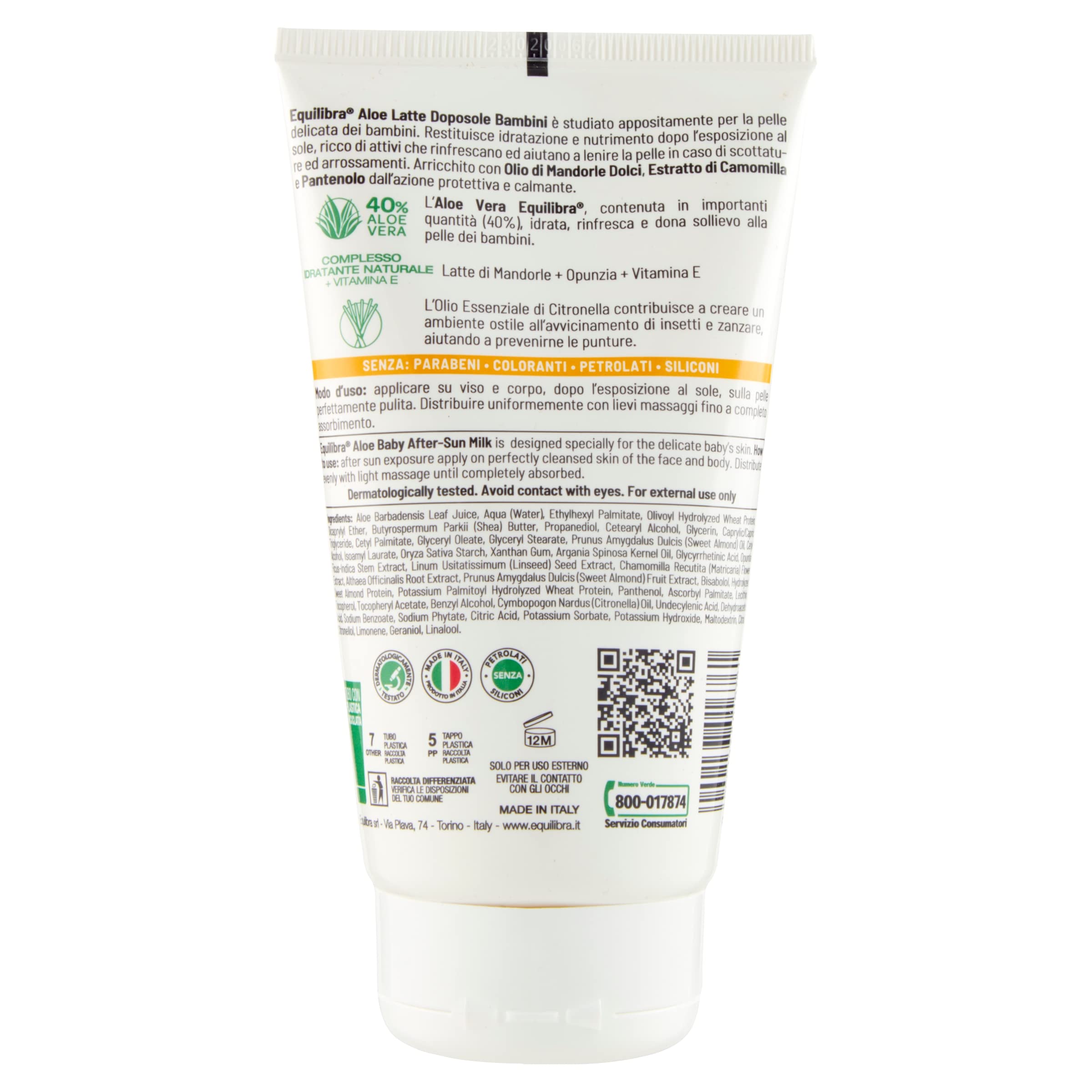 equilibra Solari, Aloe Latte Doposole Bambini, a Base di Olio di Mandorle Dolci, Estratto di Camomilla, Pantenolo, Vitamina E e Olio Essenziale di Citronella Anti-puntura d'Insetto, 150 ml
