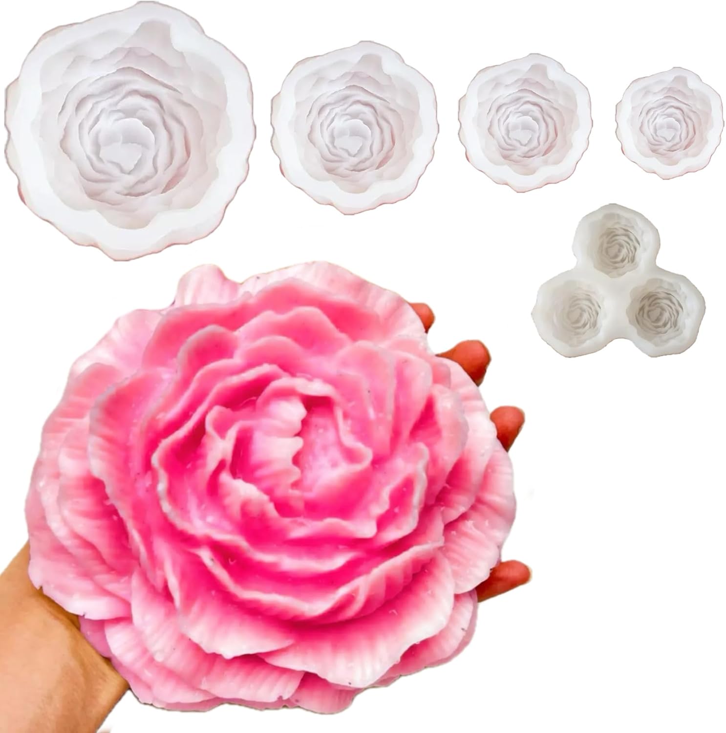 7Pcs Extra Large Size Peony Candle Mold for Candle Making, 6.7 Inch to 2.1 Inch 3D 5 Sizes Peony Flower Silicone Mold for Epoxy Resin Wax Soap Fondant Chocolate Molds