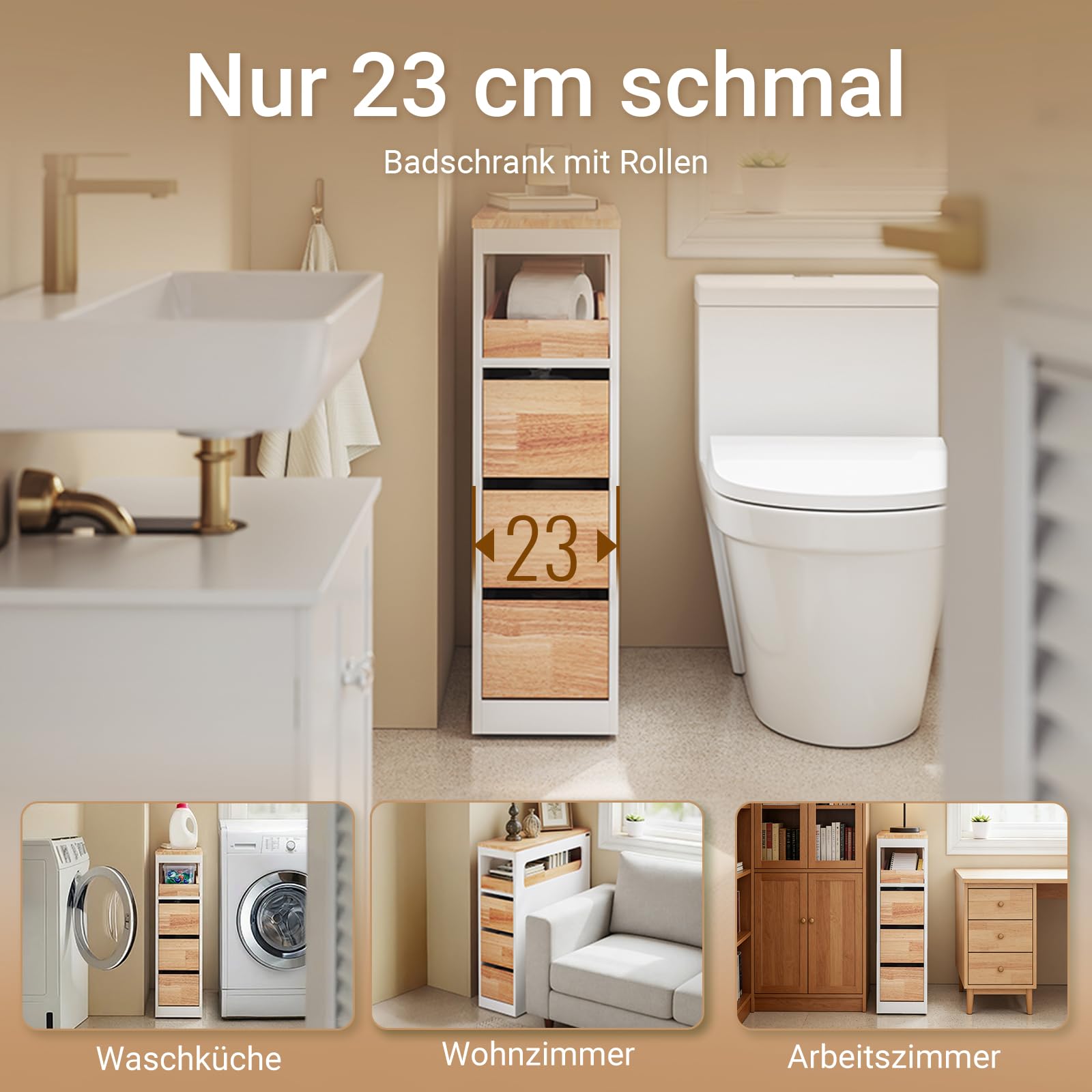 SoBuy Badezimmerschrank Schmal Badschrank mit 3 Schubladen Nischenschrank Holz für kleine Bäder WC & Küche Toilettenschrank Beistellschrank, Weiß Natur 65x23x82cmcm BZR54-III-WN