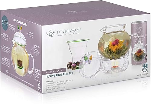 Miniatura 6 de Teabloom Wings of Love - Juego de regalo de té floreciente, tetera de vidrio de borosilicato de 40 onzas, calentador de tetera, infusor de té suelto