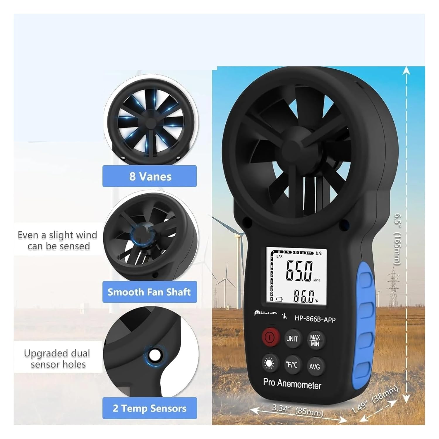 Wind Speed, Handheld Air Flow Meter Measuring Wind Speed/Temperature with Backlit Digital Anemometer