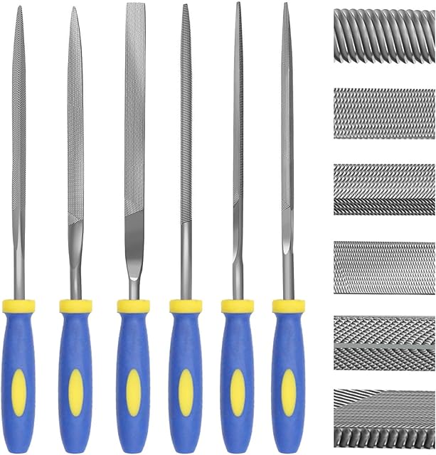 Needle File Set, Carbon Steel 6 Piece Set(6-1/4'' Total Length) Hardened Alloy Strength Steel - Set Includes Flat, Flat Warding, Square, Triangular, Round, and Half-Round File