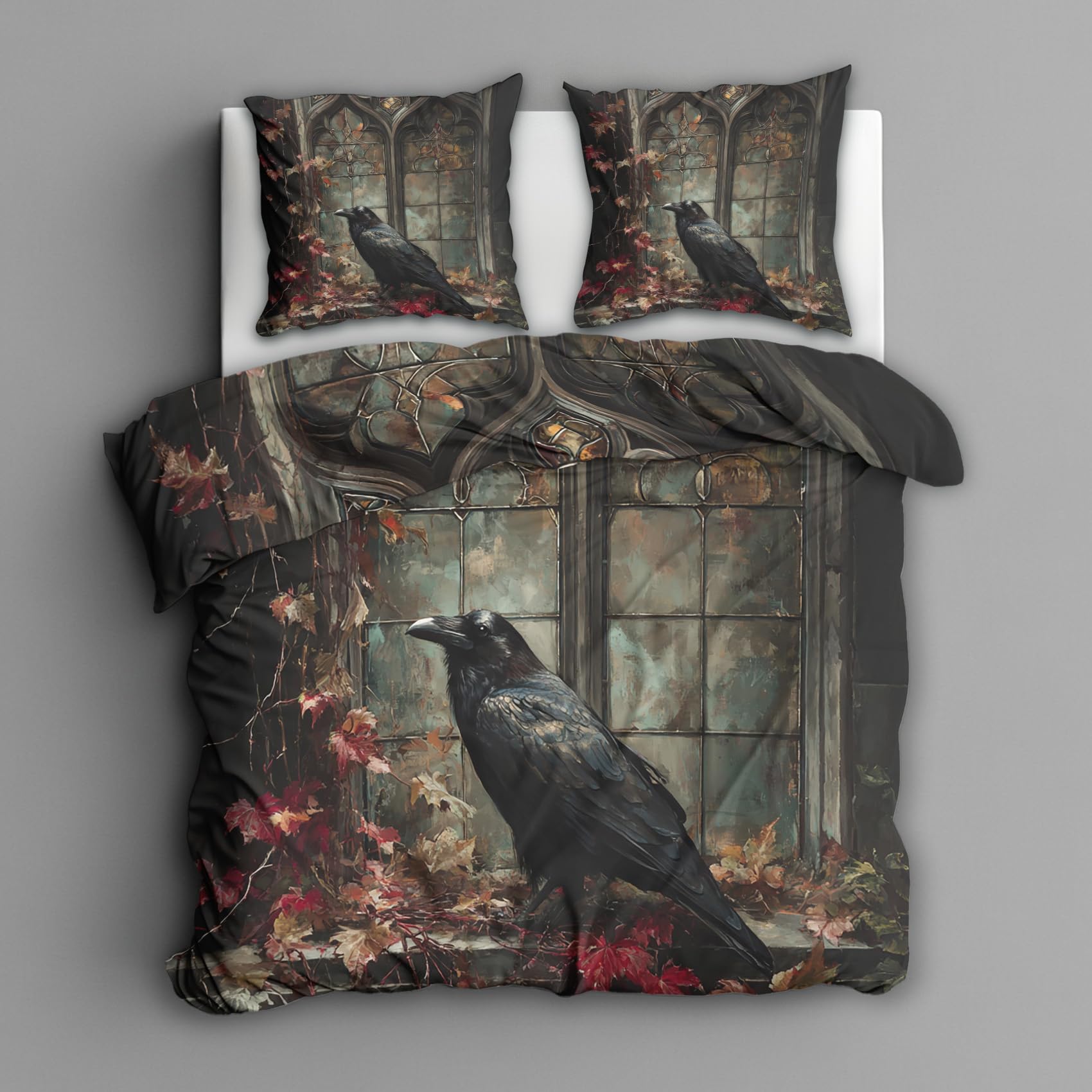 Generisch Gothic Bettwäsche 135x200 2er Set Mit Blätter Vogel Krähe Goth Muster Bettbezug Set Bügelfreie Bettwäsche Mit Reißverschluss, Kissenbezug, Gothic Deko