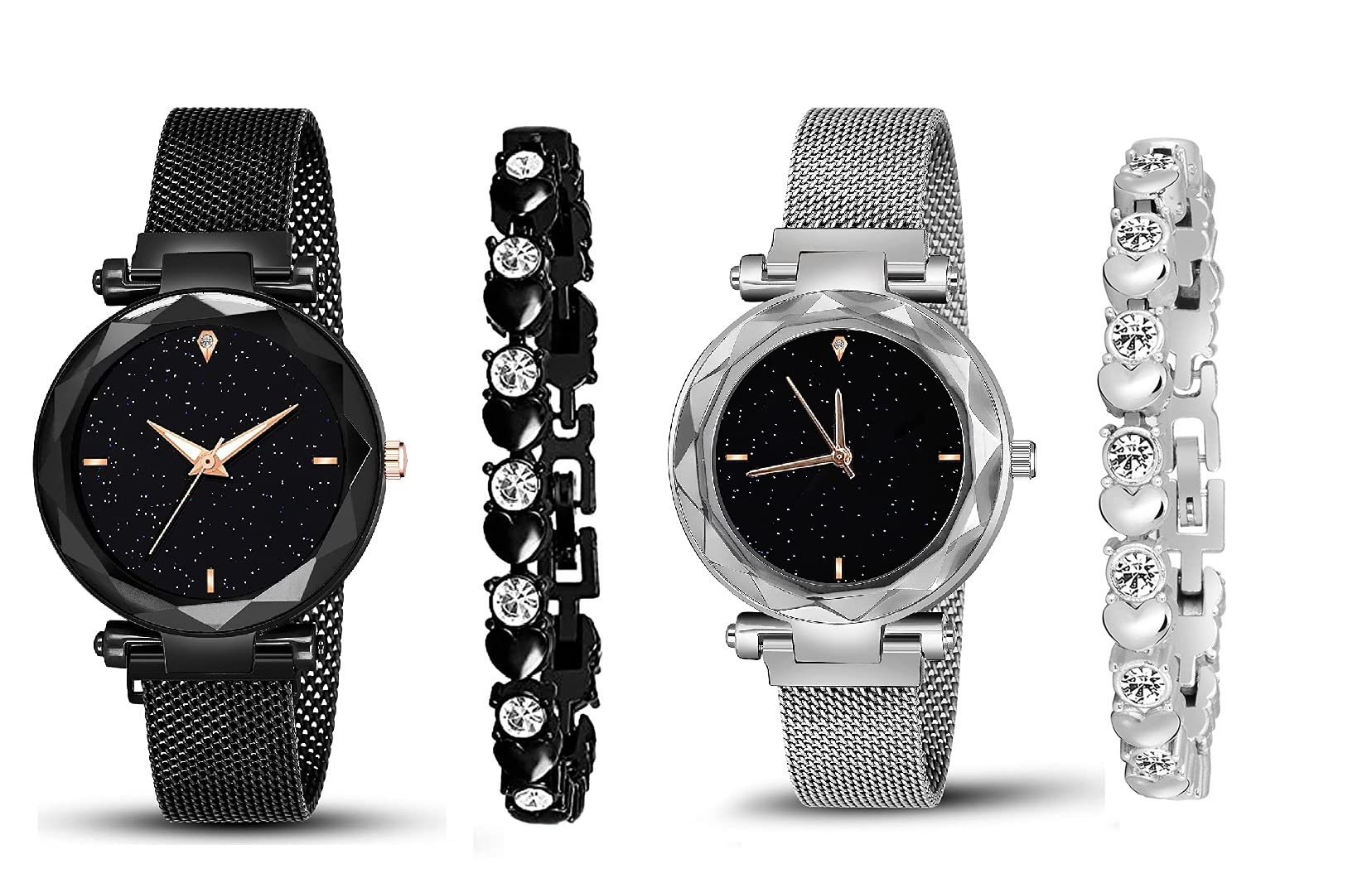 K Vajir Analogue 4Point Stainless Steel Dial and Magnet Metal Mesh Strep Watch for Girls | Birthday Gift for Woman (Combo of 4)