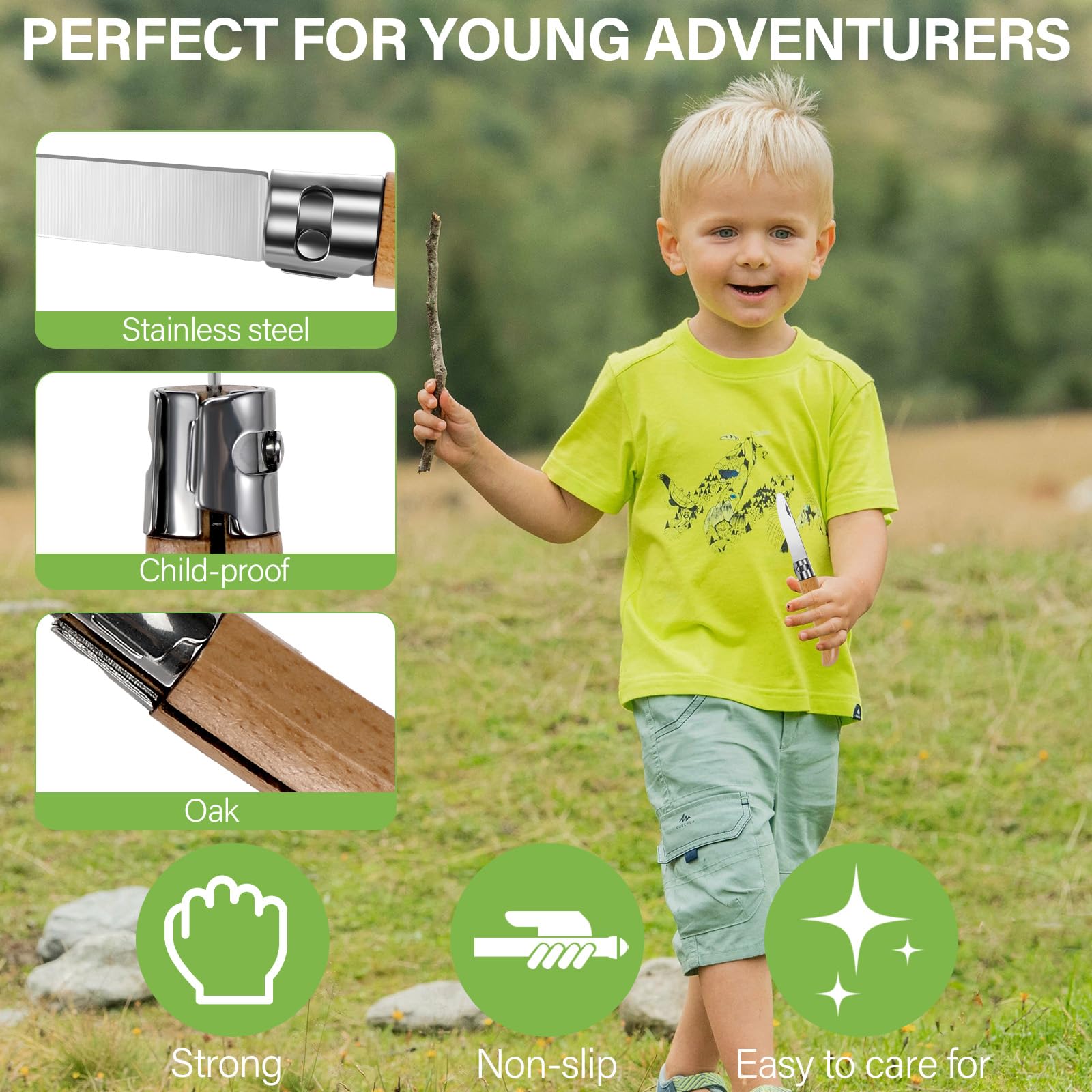Couteau à découper pour enfants à partir de 6 ans - Ensemble de haute qualité avec poignée en bois, pliable pour extérieur avec gants