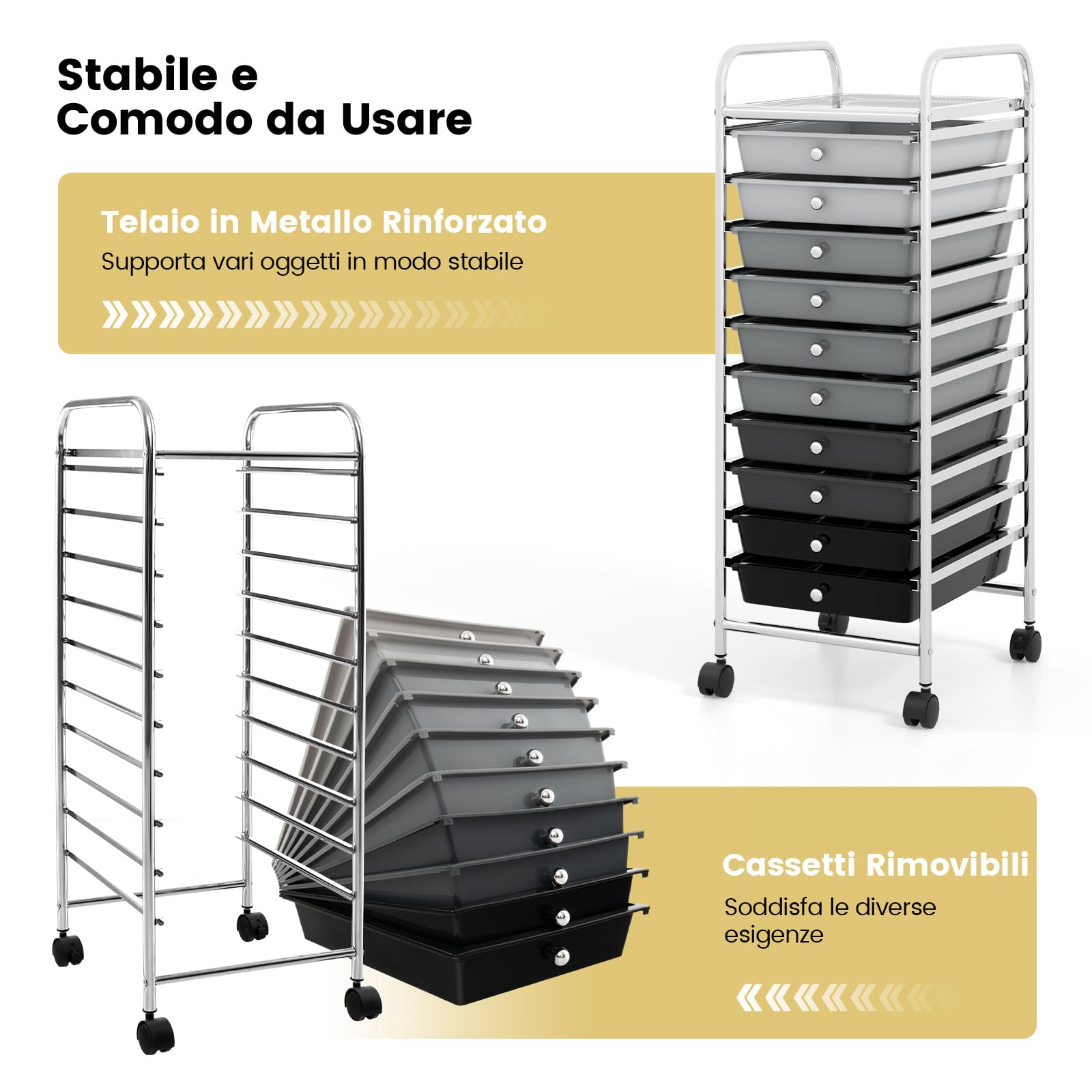 GYMAX Carrello Portaoggetti con 10 Cassetti Staccabile, Carrellino Salvaspazio con Ruote, per Uffici, Parrucchieri, Studio, Soggiorno, 38 x 33 x 86 cm (NERO SFUMATO)
