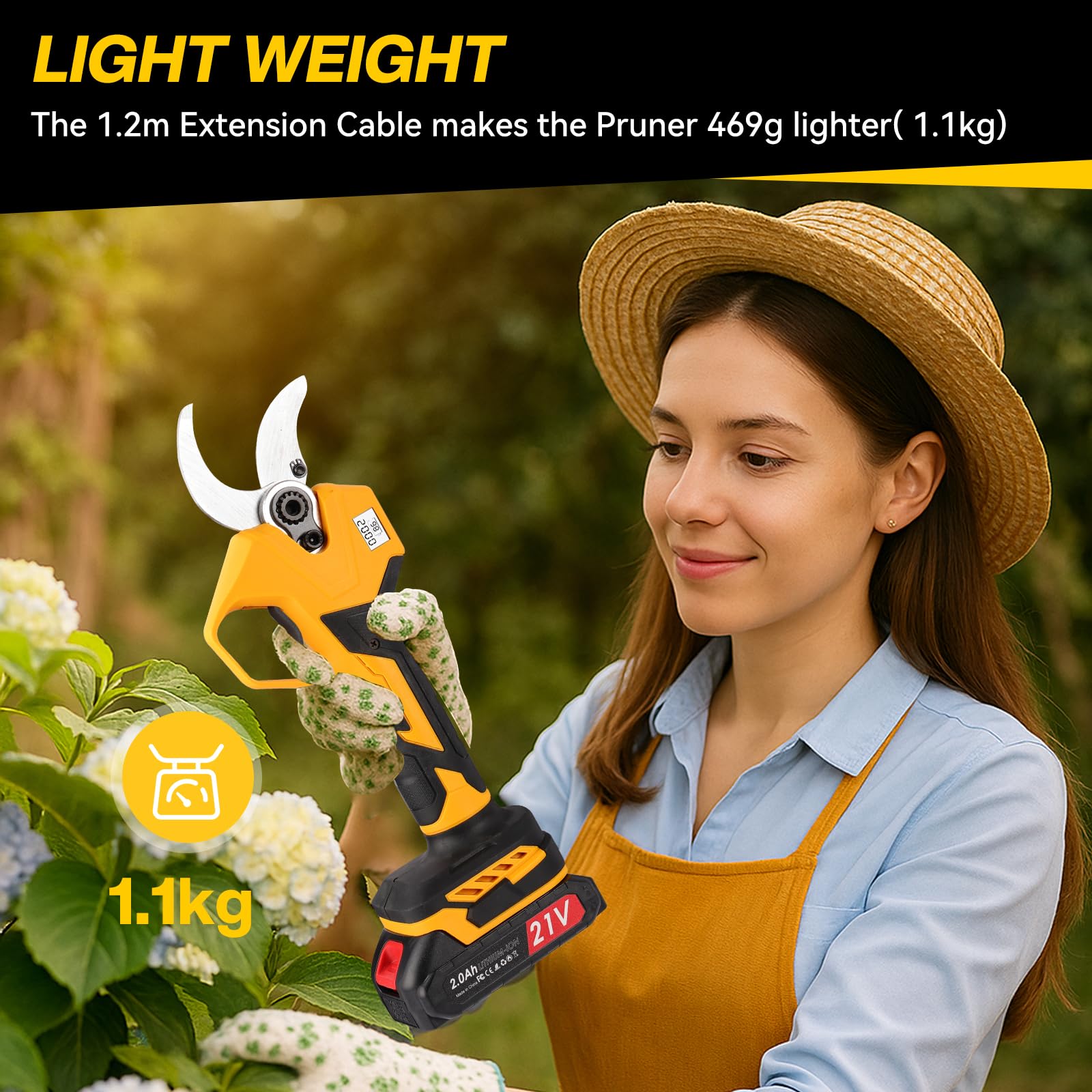 Forbice potatura a batteria con Cavo di Prolunga: 45mm Forbici Potatura a Batteria con 2 Batterie 2000mAh 21V e Lame in Acciaio SK7,Cesoie a Batteria per Potatura per Potatura Giardino, Olivo, Ulivo