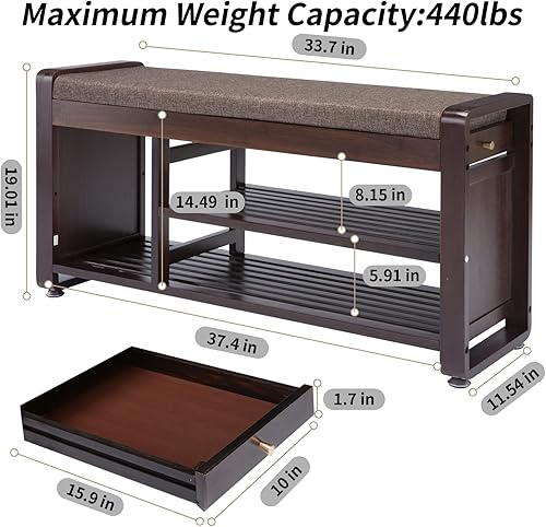Miniatura 3 de Banco de zapatos de bambú con 3 ganchos laterales, cojín gris extraíble, almacenamiento de zapatos de entrada de 2 niveles, 37.4 x 11.4 x 19.3