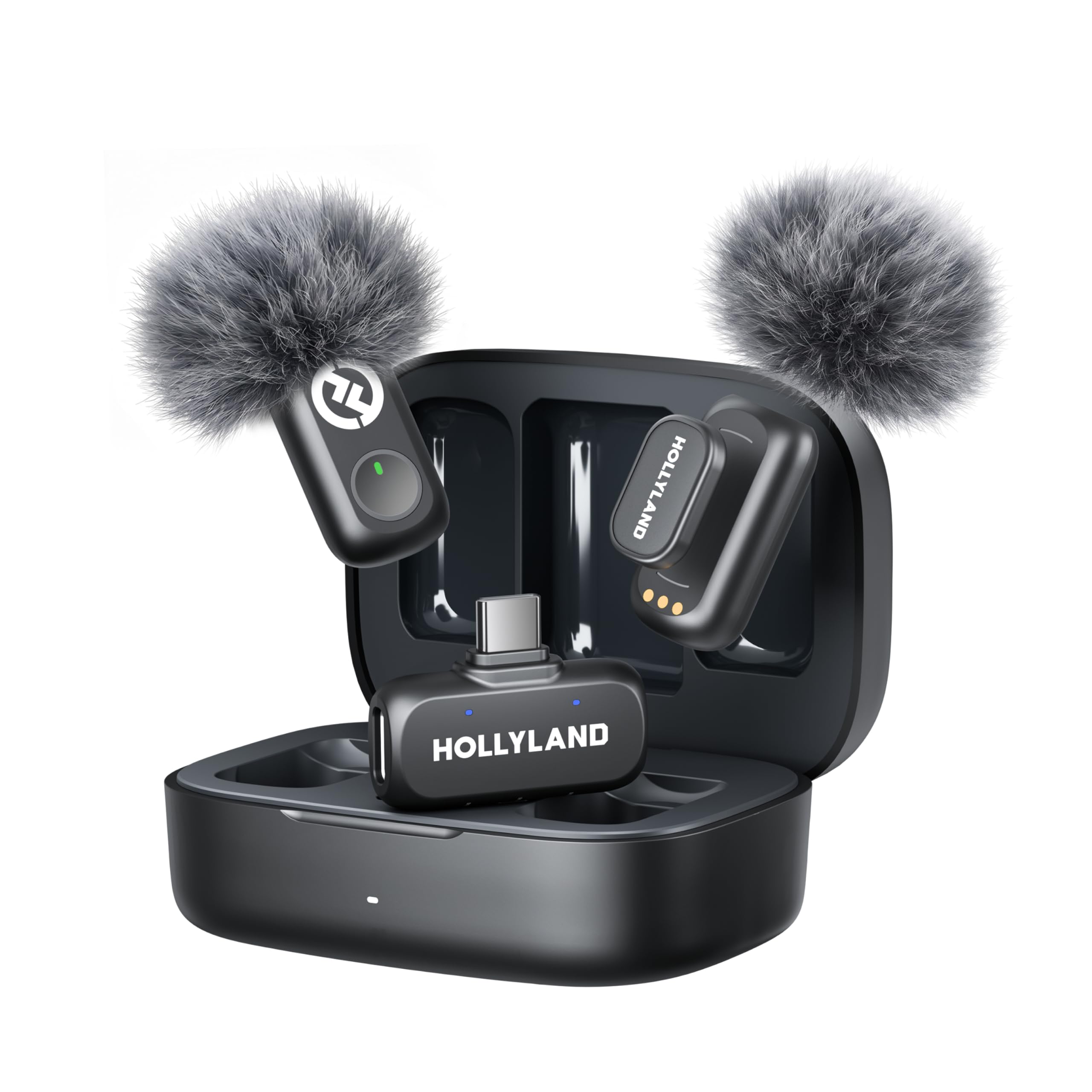 Hollyland Lark A1 Wireless Microphone for iPhone 17/16/15 & Android, 48kHz/24-bit, 3-Level Intelligent Noise Cancel, Mini Mic for YouTube, Podcast, Vlogging (Black, 2TX + USB-C RX + Charging Case)
