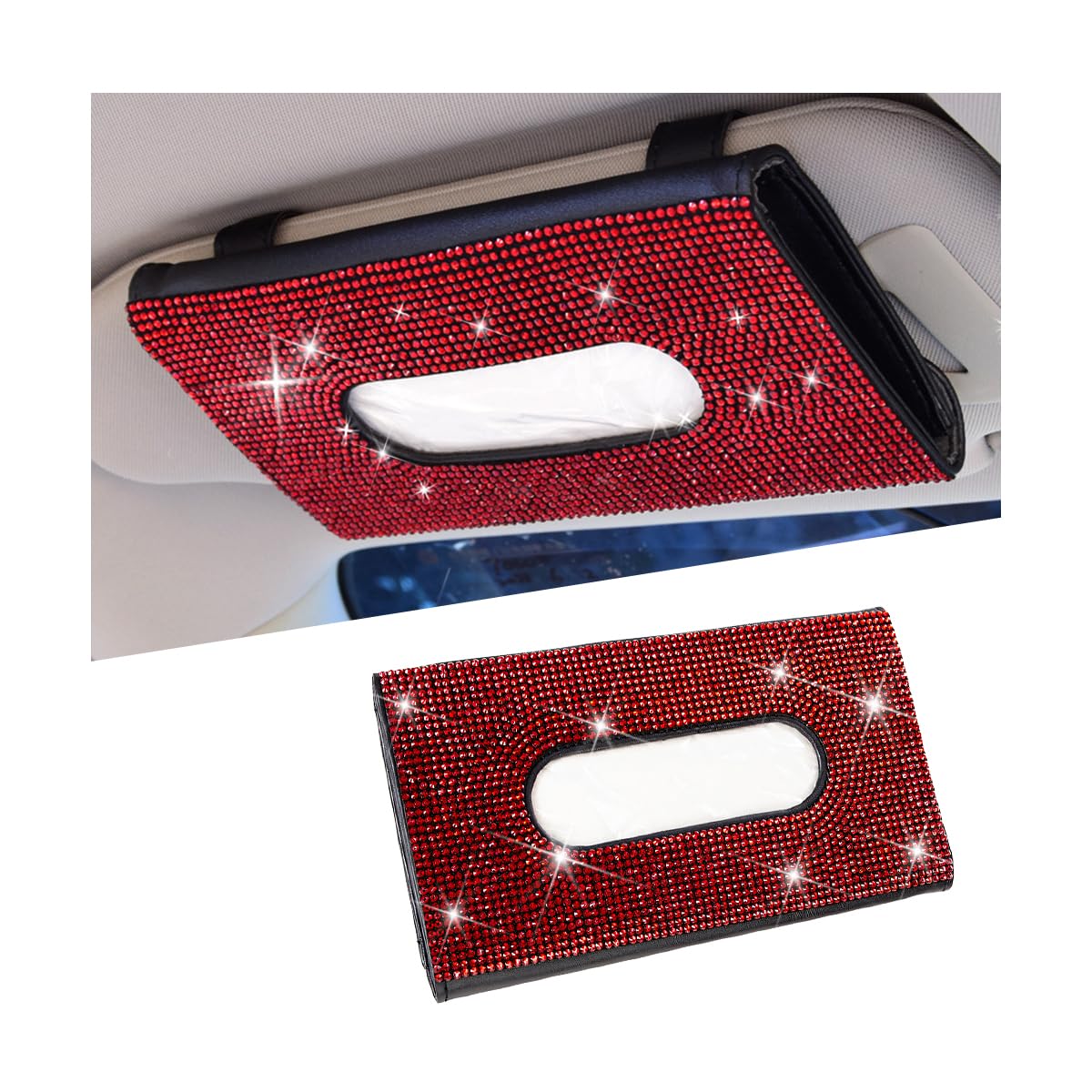 Sandfren Bling Car Tissue Holder for Sun Visor, Crystal Rhinestone Leather Vehicle Paper Towel Case, Glitter Diamond Auto Napkin Clip Accessories for Women, Universal for SUV, RV, Truck (Red/Black)
