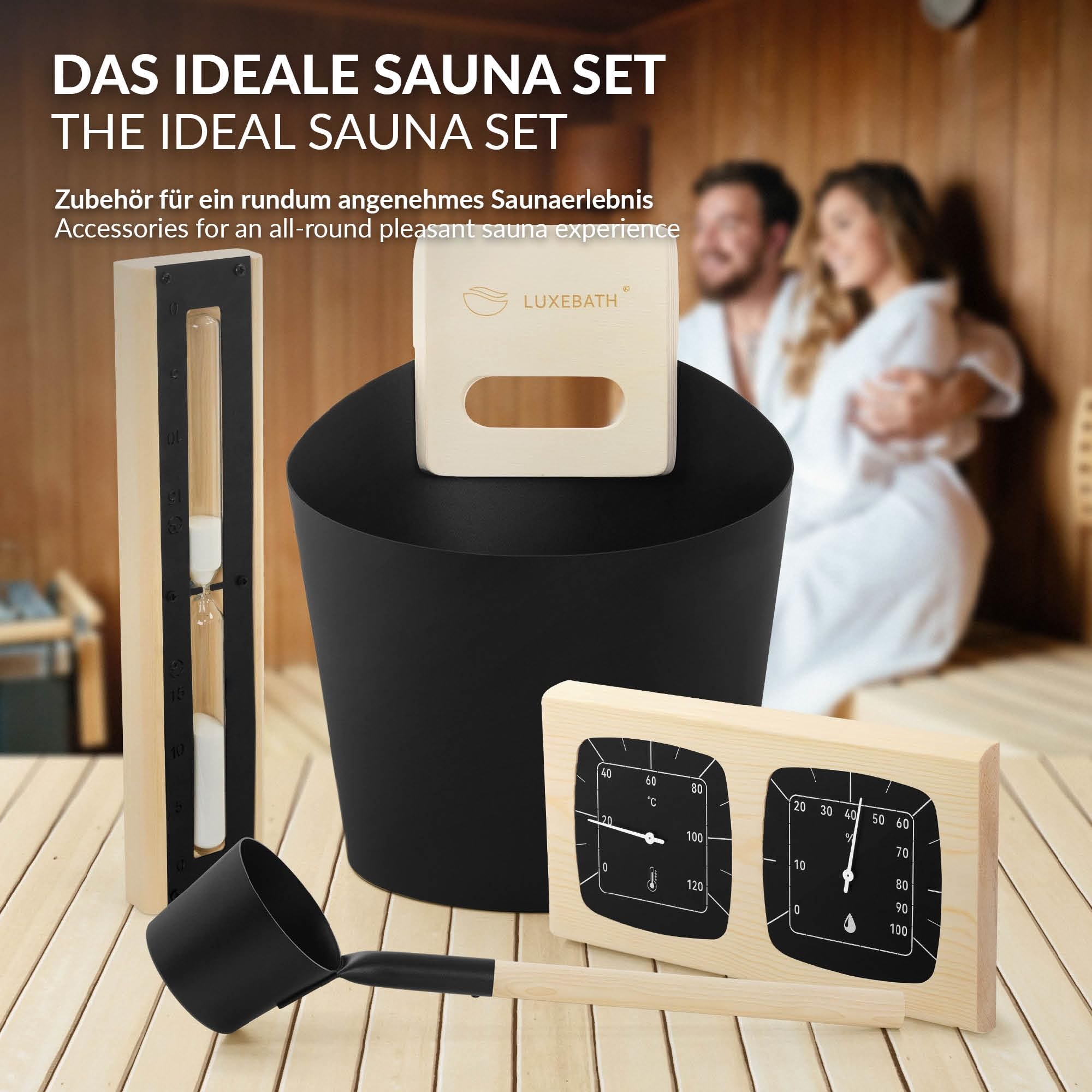 LuxeBath Saunazubehör-Set aus Aluminium & Naturholz, Schwarz, Sauna Set 4-teilig, Aufgusskübel mit Griff & Schöpfkelle, Thermometer-Hygrometer & 15min Sanduhr, Saunaeimer 6L, Langlebiges Sauna Zubehör