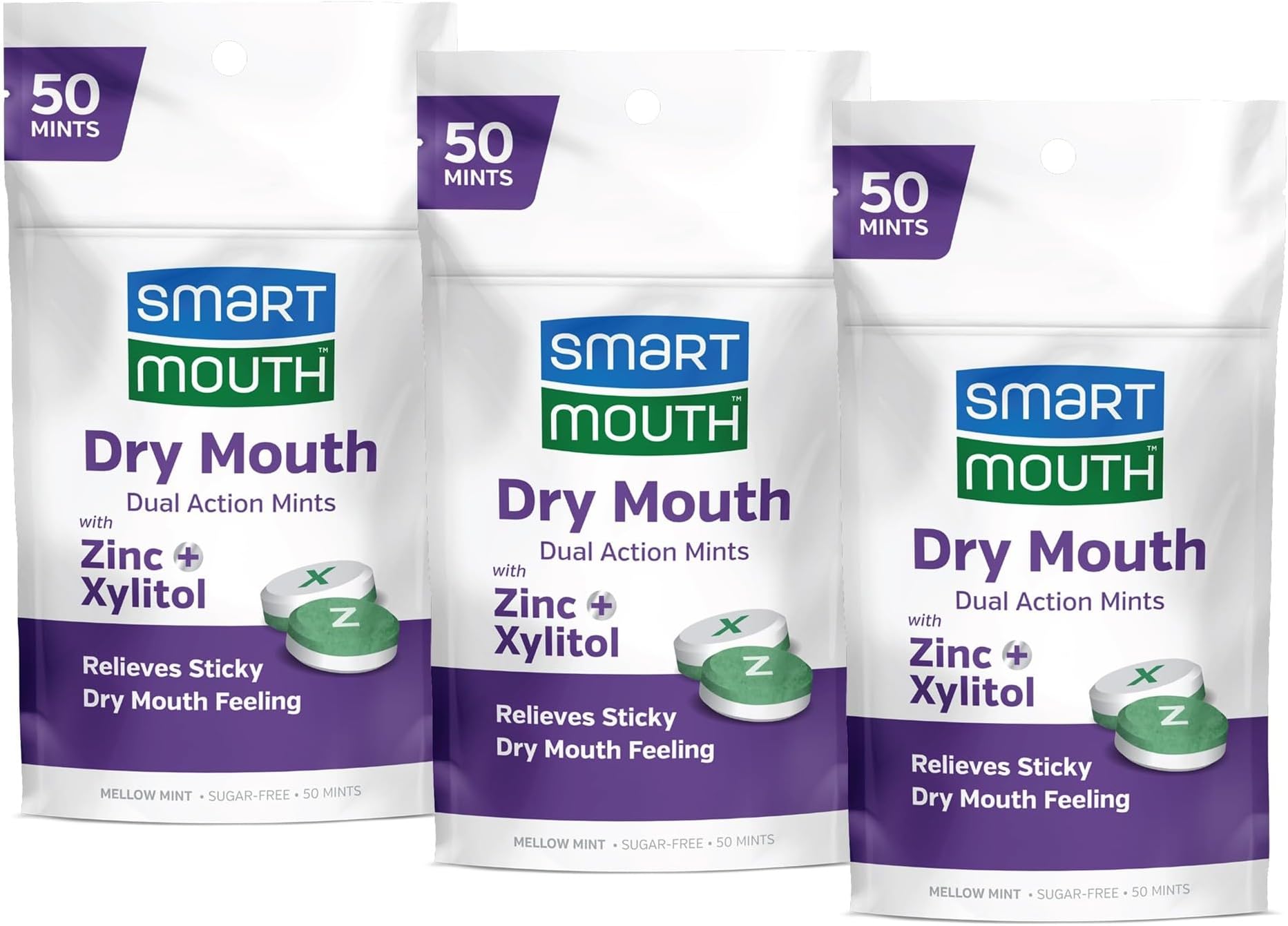 Dry Mouth Dual-Action Mints - Sugar-Free Mints for Dry Mouth Support - With Zinc & Xylitol - Travel-Friendly Packaging for On-the-Go Oral Care - Mellow Mint - 50 Count, 3-Pack