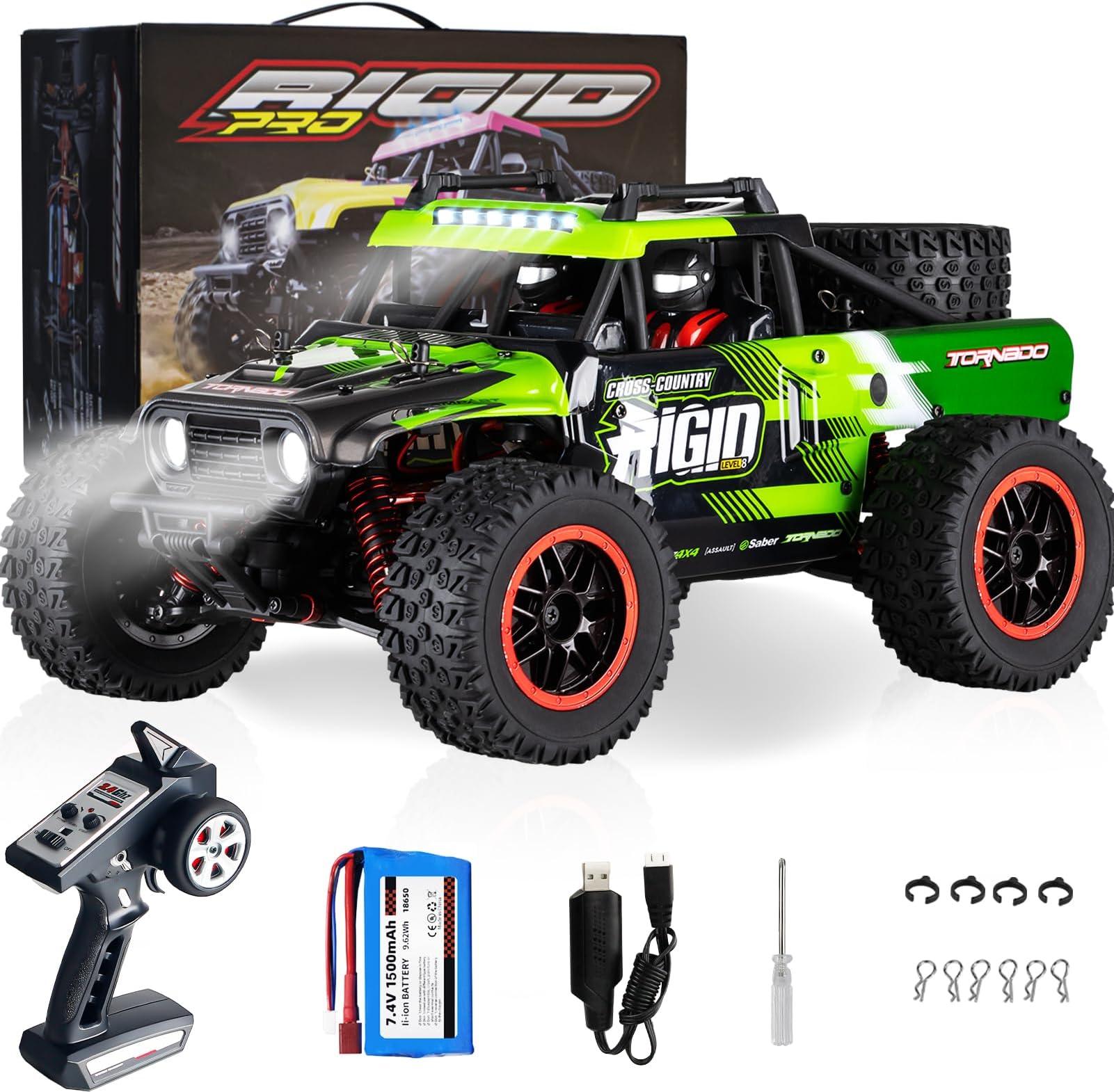 1:14 Scale RC Car - Fast 50 KMH Remote Control 4X4 Truck for Adults Boys - 2.4 GHz All Terrains Dune Buggy Off-Road Monster Truck Short Course Car With 2 Batteries (Green)