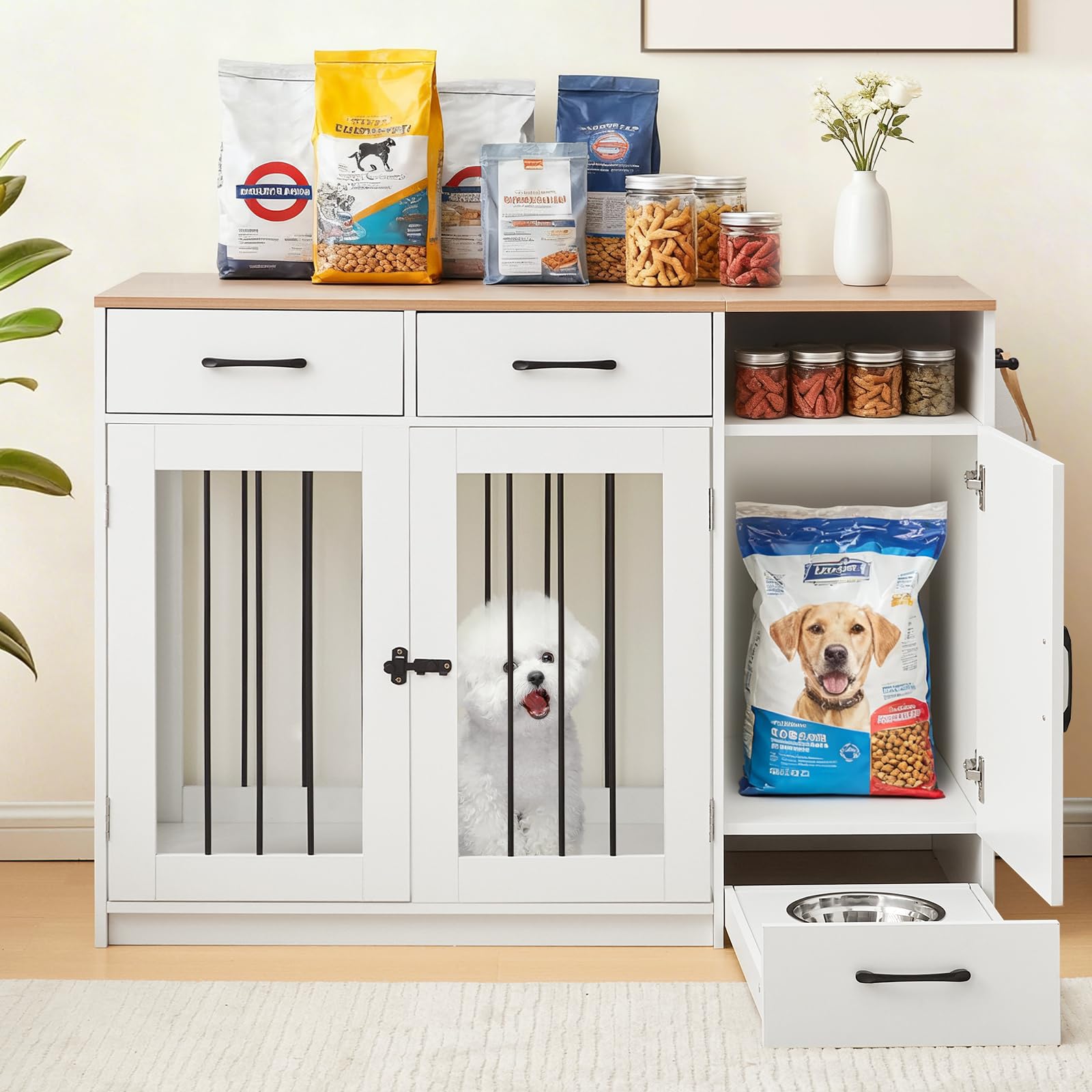 TUKAILAI Hundekäfig Möbel mit Schublade, Futterstation mit Rädern, Robuste Hundebox für kleine, mittelgroße und große, Zuhause Indoor, 116 x 55 x 86 cm