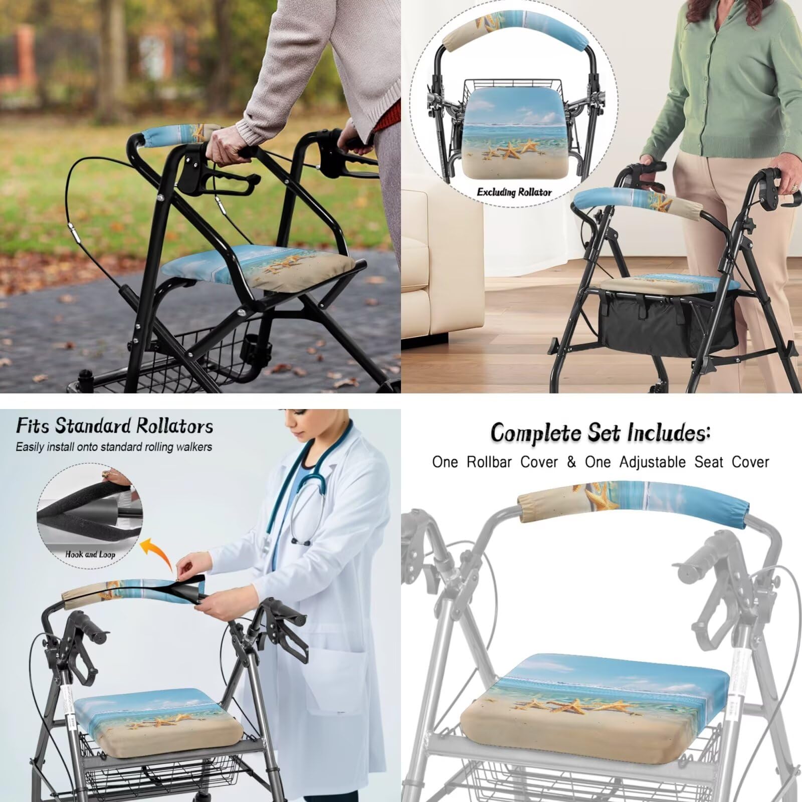 Vanideaoty Starfish Rollator Walker Accessories Includes Seat Cover and Bar Cover Beach Rollator Bags Portable Fits Most Standard Sized Rollators