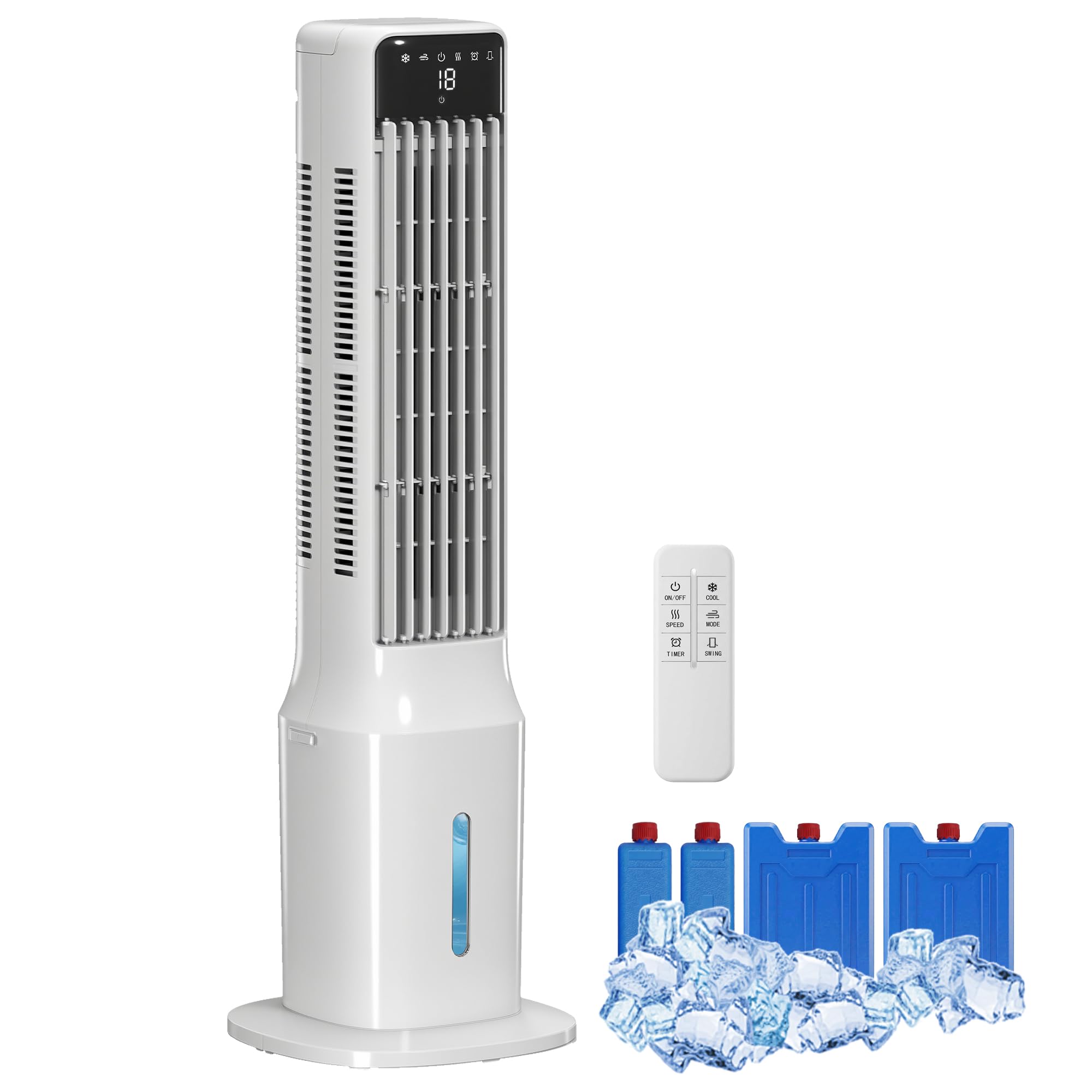 HOMCOM Climatizador Evaporativo de Torre 3 en 1, Enfriador de Aire Portátil con Depósito de 9 L, Oscilación 48°, 3 Velocidades, 3 Modos, Temporizador 24h y Mando a Distancia, 4 Acumuladores de Frío