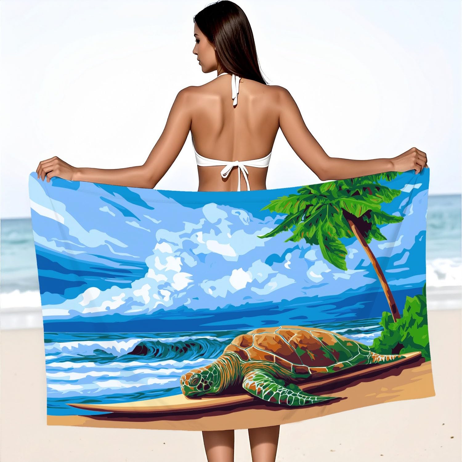 Cartoon, Strand, Sommer, Weiße Wolken Strandtuch 200 x 145 cm – Saugfähiges Schnell trocknendes Strandtuch Surfbretter, Meeresschildkröten, Blauer Himmel für Campen, Picknick, Ausflüge
