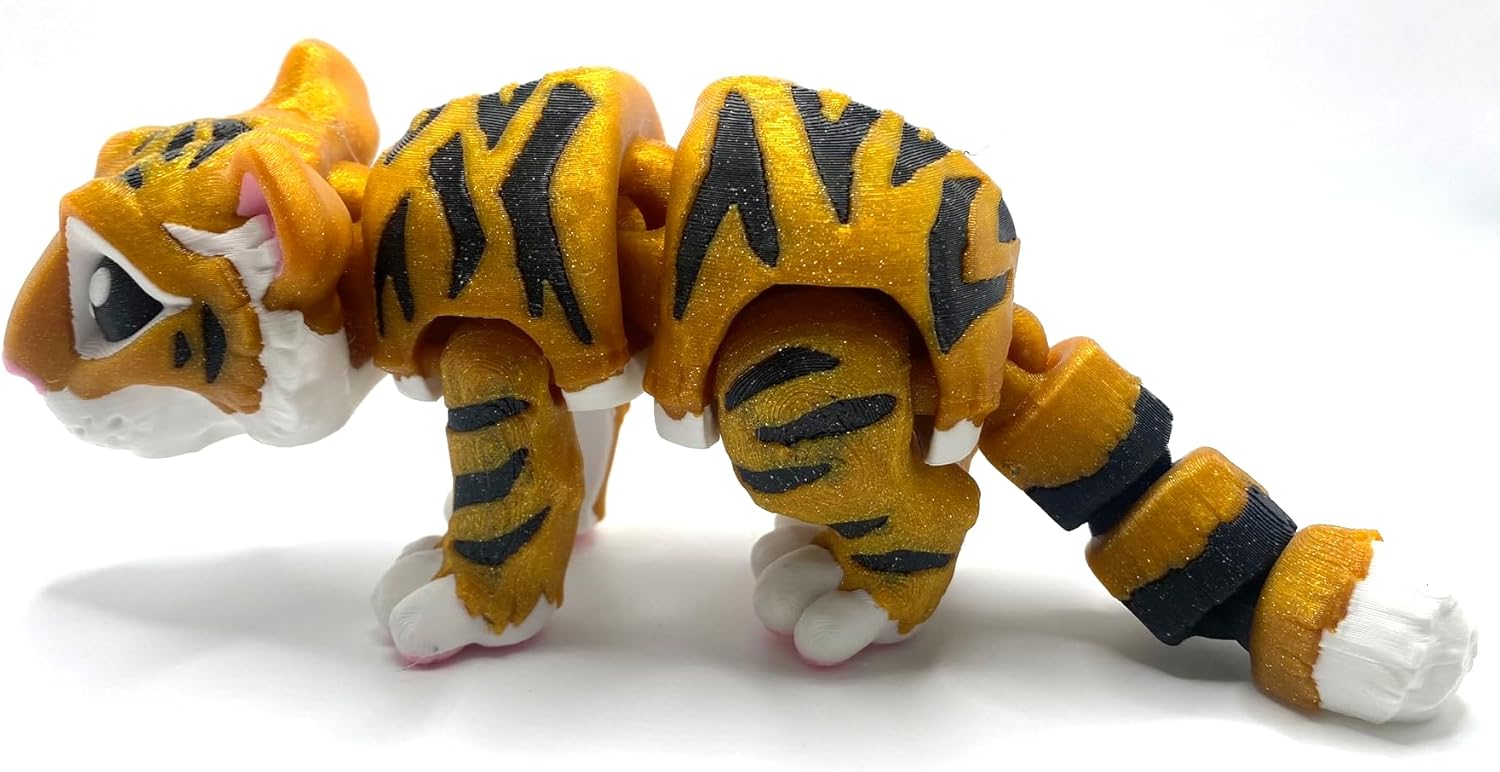 3D Printed Baby Tiger Toy for Kids and Adults (SparkleGold + White)