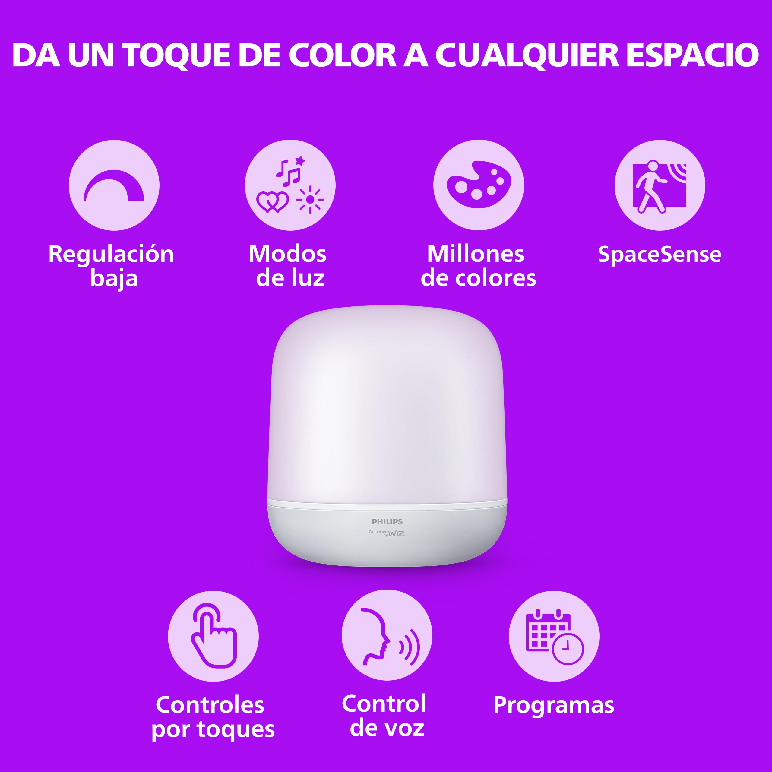 Philips Smart Lighting Lámpara de Sobremesa Hero, Todo Color, Luz Regulable Blanca Cálida a Fría, Control Táctil, Connected by WiZ, Sincronización de Música, Alexa, Google Home, Apple Home