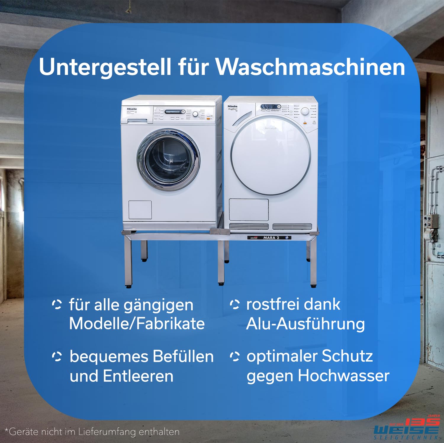 Weise MARA 1 Untergestell für Waschmaschine & Trockner, 50 cm, ohne Auszug | 4 Beine; bis 1.000 kg Tragkraft; für stark schwingende Maschinen