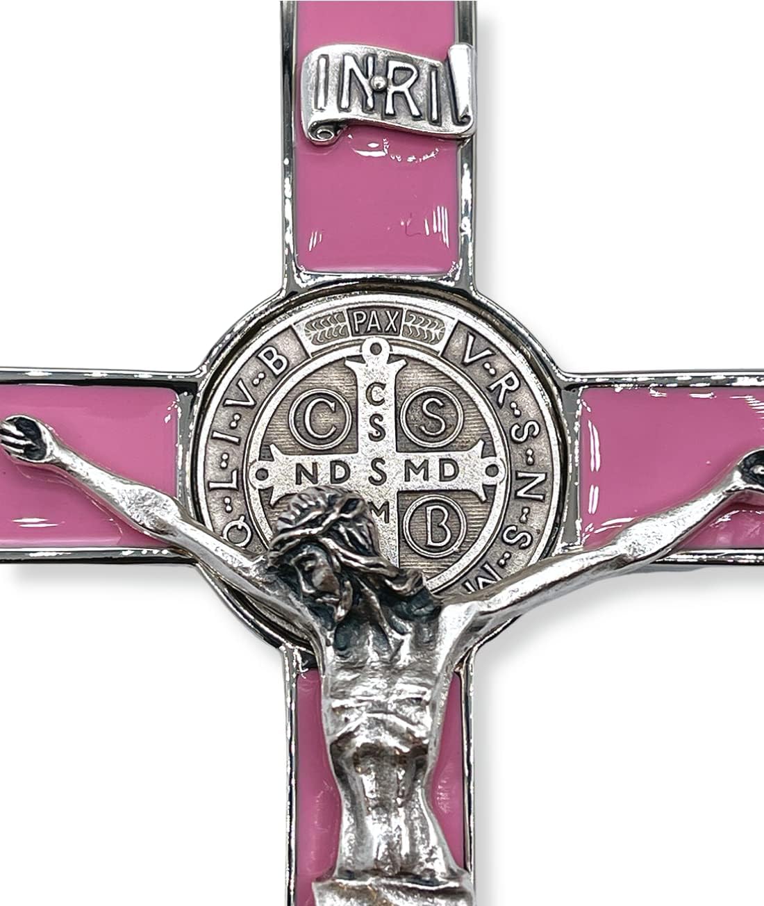 St. Benedict 8 Inch Oxidized & Pink Enamel Crucifix Wall Cross - Catholic Office Decor, Spiritual Protection