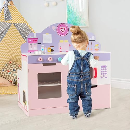 Miniatura 2 de MAT EXPERT Juego de cocina para niños con cafetería, 2 en 1 de doble cara para niños, cocina de juego para niños pequeños con microondas, horno,