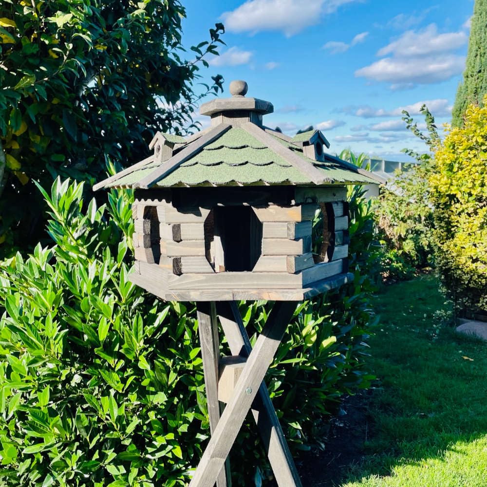 Vogelfutterhaus XL Sechseck Vogelhaus + Ständer Futterstelle Braun/Grün