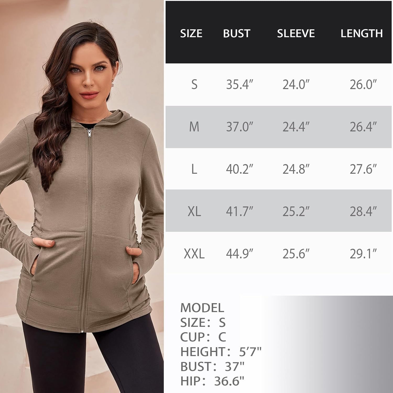 DEBELLY Maternity Sweatshirts Long Sleeve Full Zip Hoodie Casual Pregnancy Women Jacket Top with Pockets,Thumb Hole,Side Ruch - Image 6