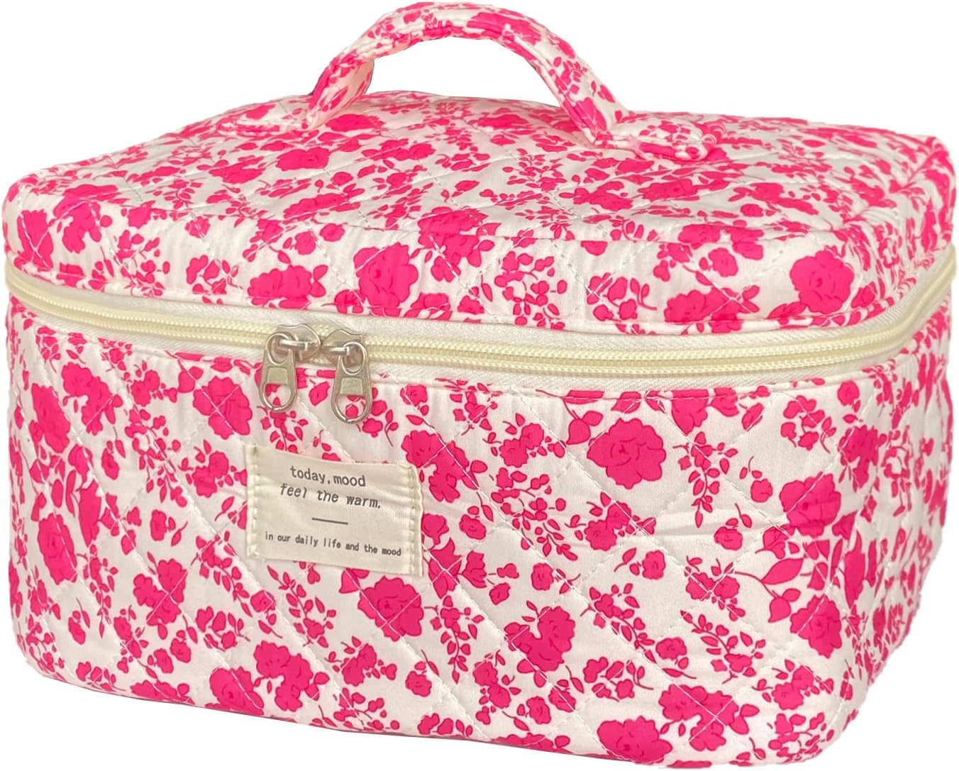 Rose Red Large Quilted Floral Makeup Bag Cute Soft Coquette Aesthetic Cosmetic Bag Cotton Travel Toiletry Bag for Women Rose Red Large Quilted Floral Makeup Bag Cute Soft Coquette Aesthetic Cosmetic Bag Cotton Travel Toiletry Bag for Women