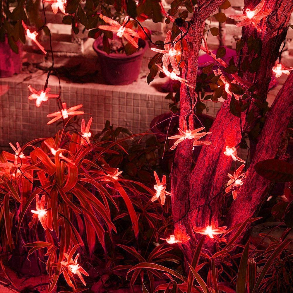 Catena luminosa solare a forma di libellula per esterni con telecomando, 22 m, 200 LED, impermeabili, 8 modalità. (rosso)