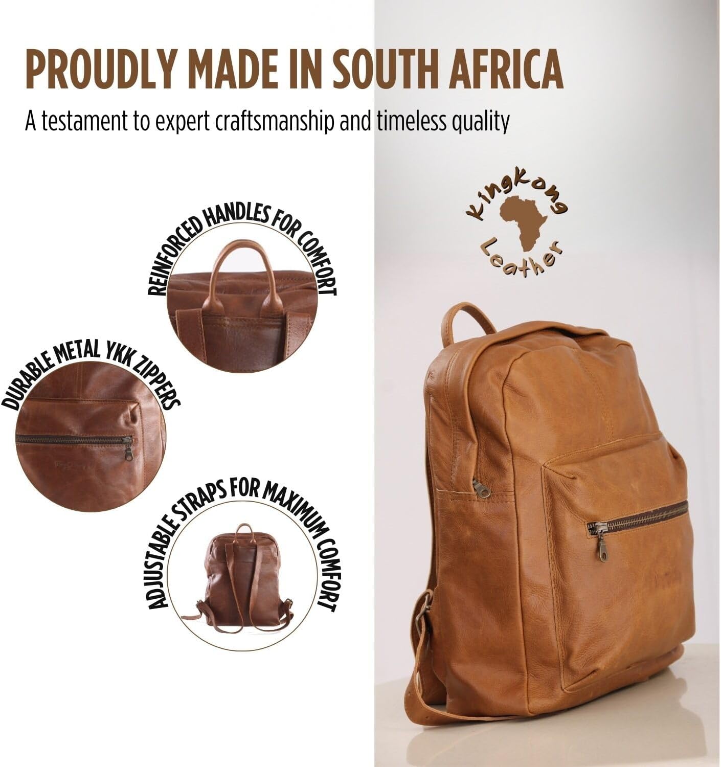 KING KONG Leather Laptop and Notebook Backpack, 13'' Backpack Bag for Men and Women, Full-Grain Cow Leather, 2 Inner and 1 Outside Front Small Zip Compartment, High-Density Foam, Pecan