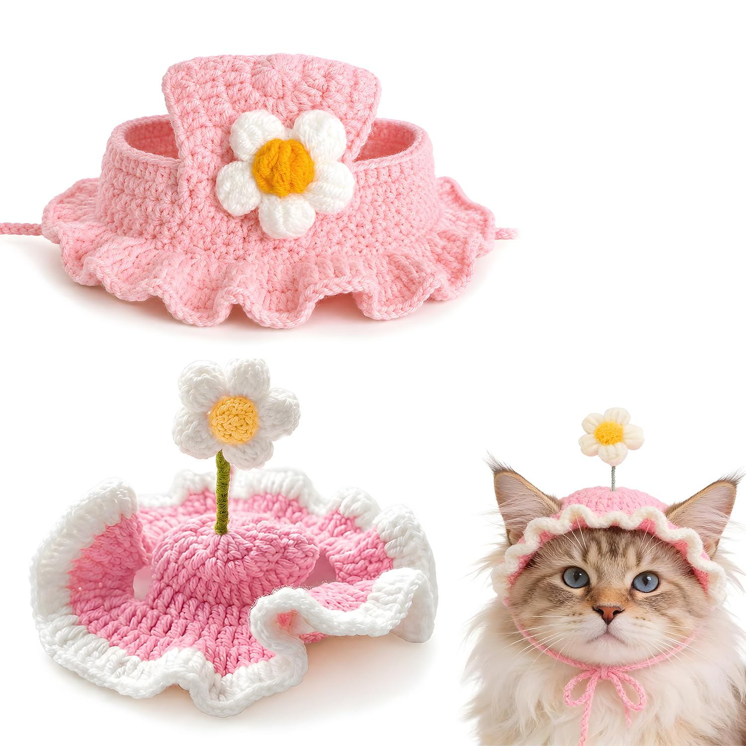 2 Pack Cat Cap with Pink Flower Design for Indoor Cats | Soft Cotton Blend • Comfortable Fit • Cute Floral Style • Ideal for Photoshoots • Daily Wear-image-14