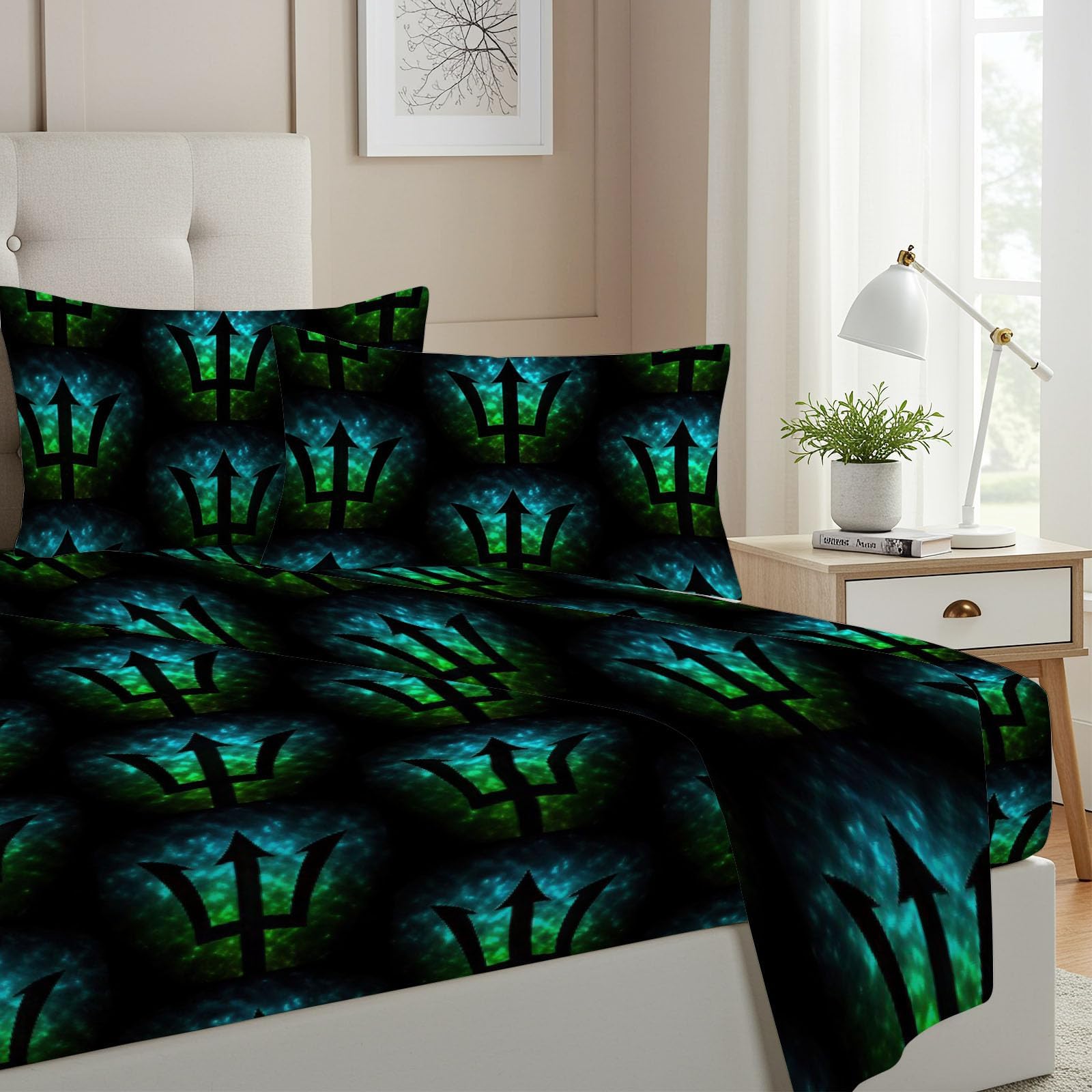 Twin Size Trident Pattern Fitted Sheet Blue and Green Glow Bed Flat Sheets Bedding Set Deep Pockets Up to 16" Bedroom Decor with 1 Pillowcase