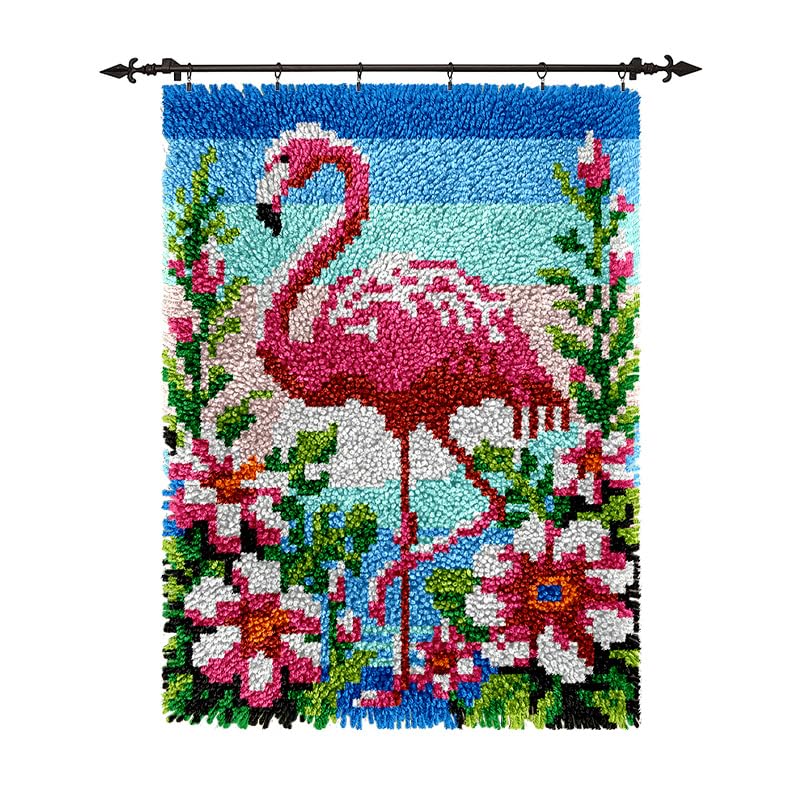 Image of veirousa Flamingo Floral Latch Hook Kits for Adults, Beginners Birds Latch Hook Rug Starter Kit Pre-Printed Carpet Making Set DIY Handmade Wall Hanging Craft for Home Decoration 20x15 inch
