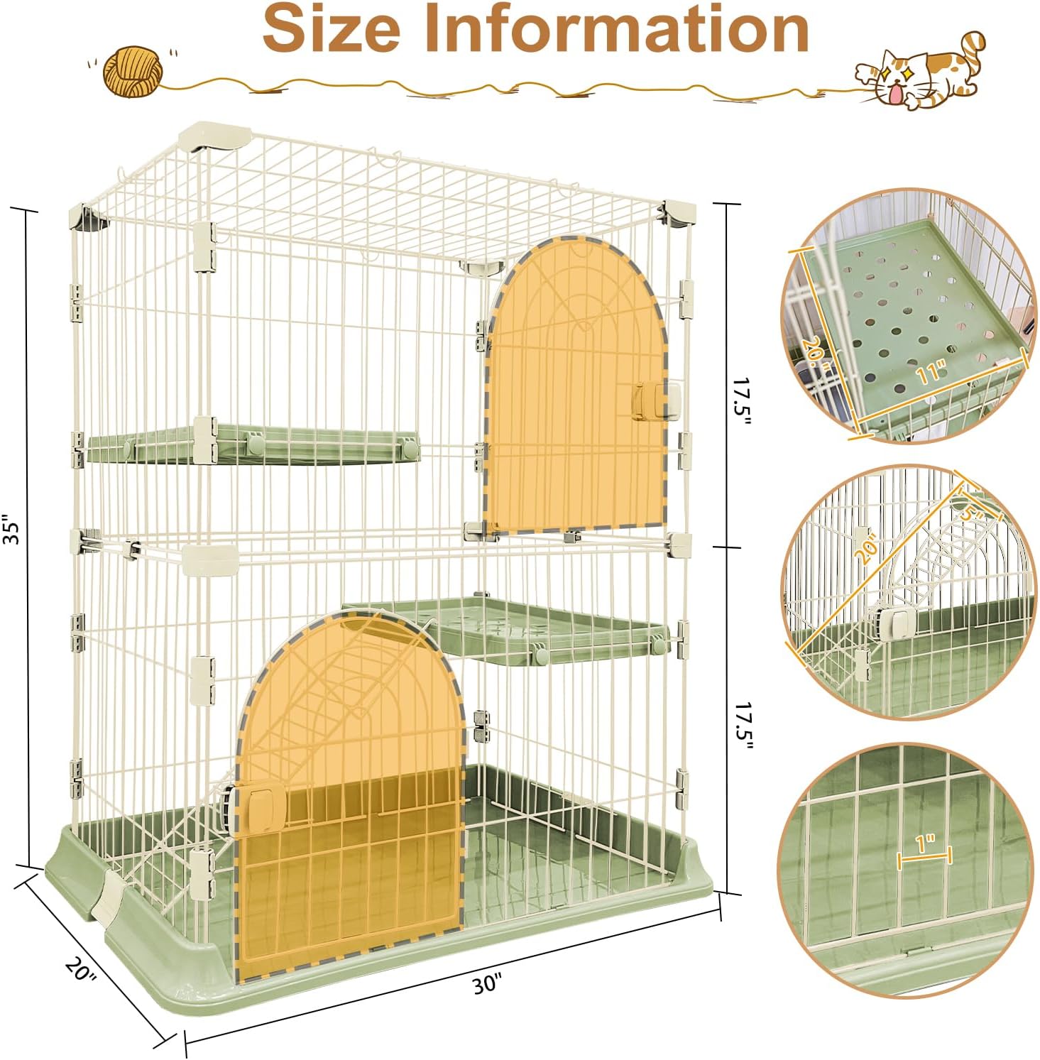 cat cage 2-tier indoor cat enclosure with widen bottom buckle & reinforced locking clamps dly cat playpen for 1-2 cats & small pets,30" lx 20" w x 35" h (green, two-tier35") green two-tier35"
