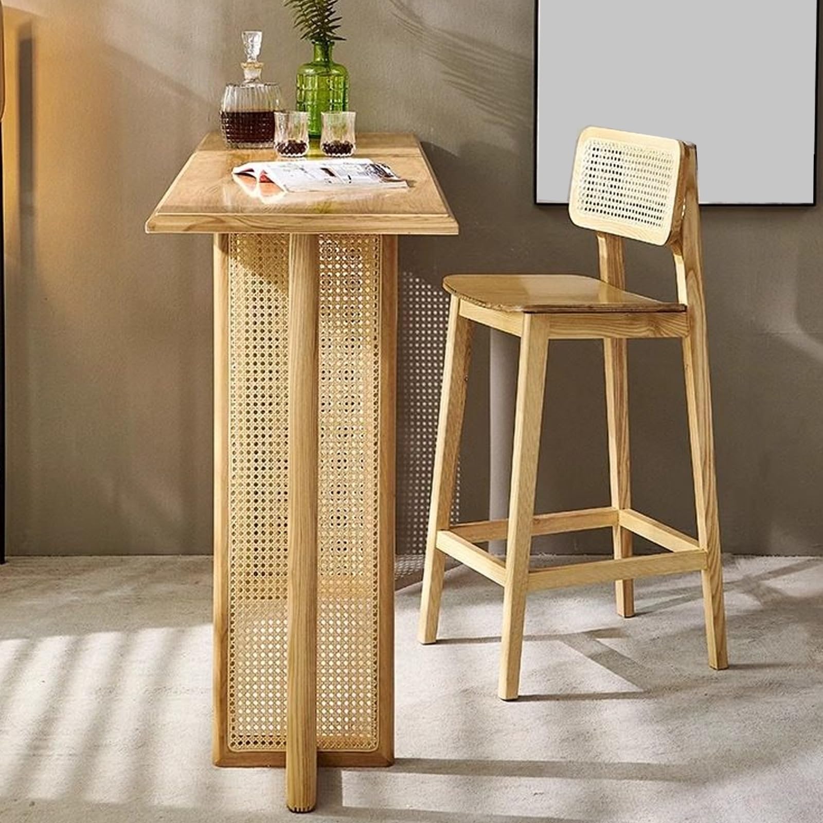 Tavolo da pub in legno massello con intreccio in rattan, robusto tavolo da pranzo per casa, cucina, soggiorno, bistrot e piccoli spazi (120 cm)