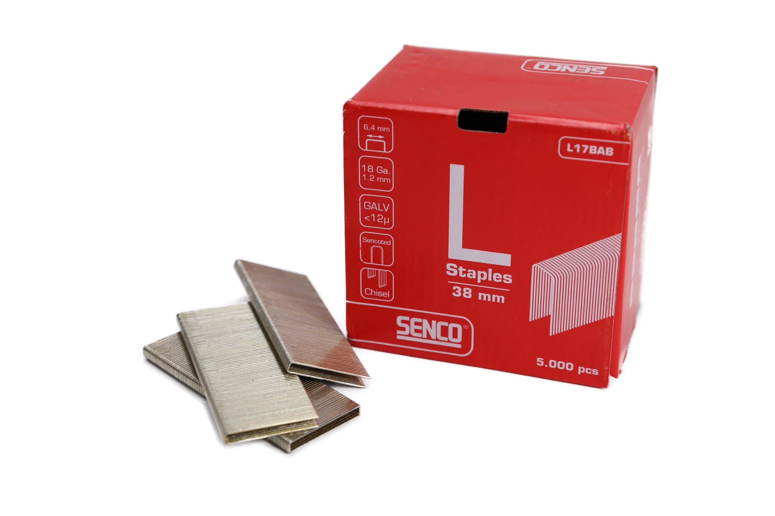 SENCO L17BAB 38mm Medium Wire L‑Staples – Galvanised - Sencoted - 18 Gauge - 6.4mm Crown - Glue‑Collated Carbon Steel Fasteners for Cabinetry - Underlayment - Insulation & Upholstery