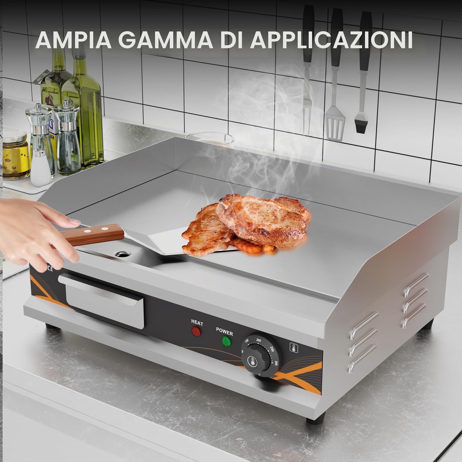 griglia elettrica commerciale, 54 cm da banco in acciaio inox piastra grill elettrico Flat Top Grill, Business Catering BBQ bistecca Bacon Grill con controllo termostatico 3000W
